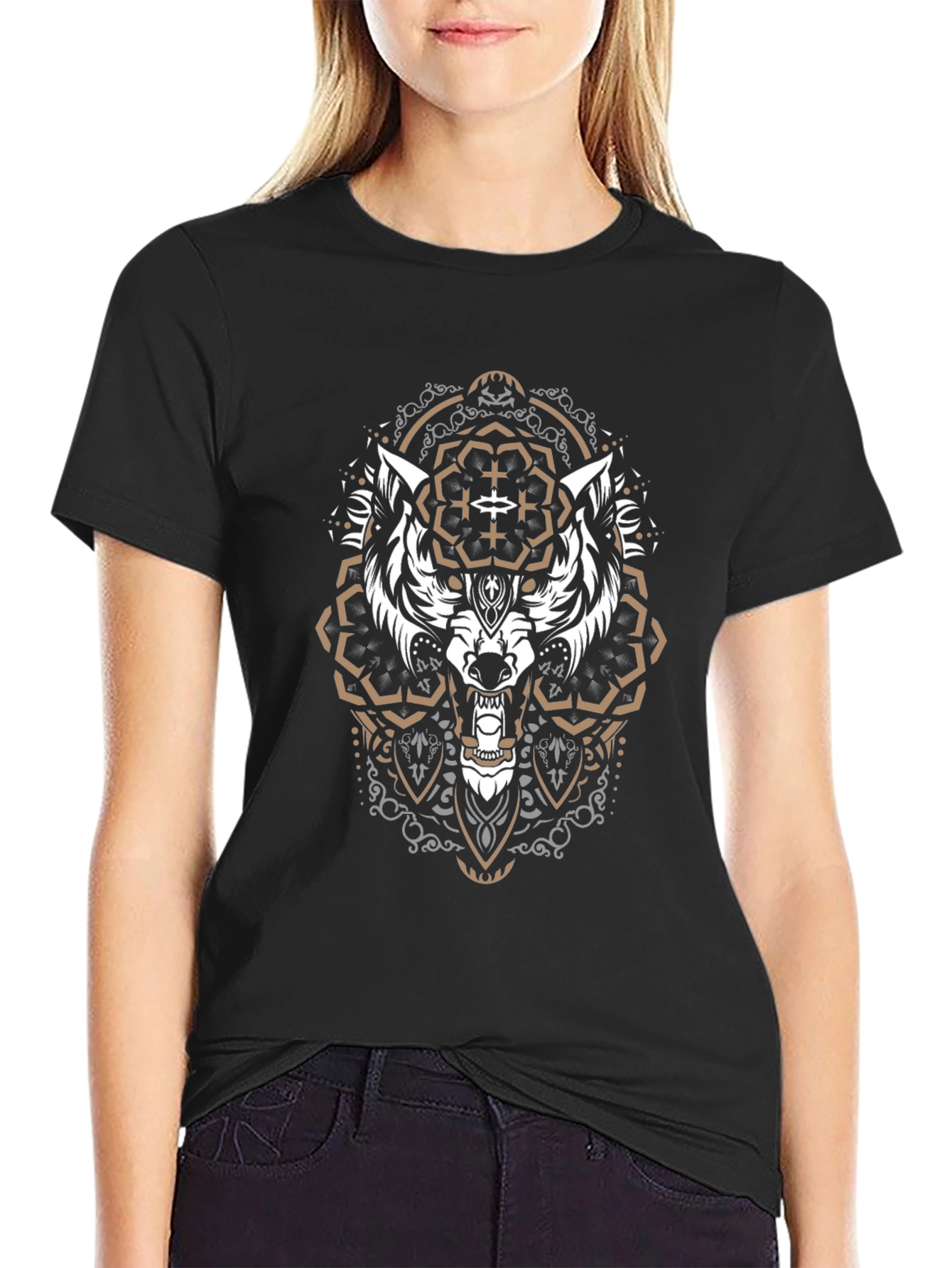 Black Wolf Mandala Graphic Tee - Black Cotton Shirt view 2