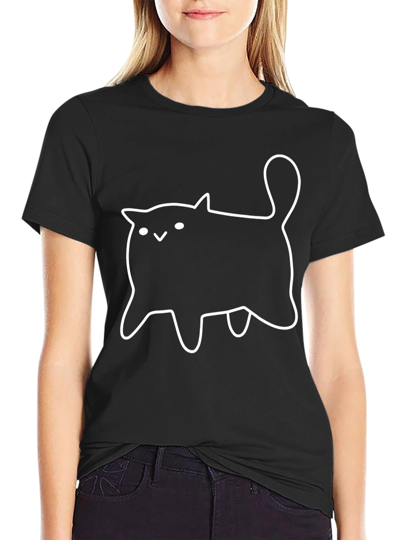 Black Cute Cartoon Cat Black T-Shirt view 2