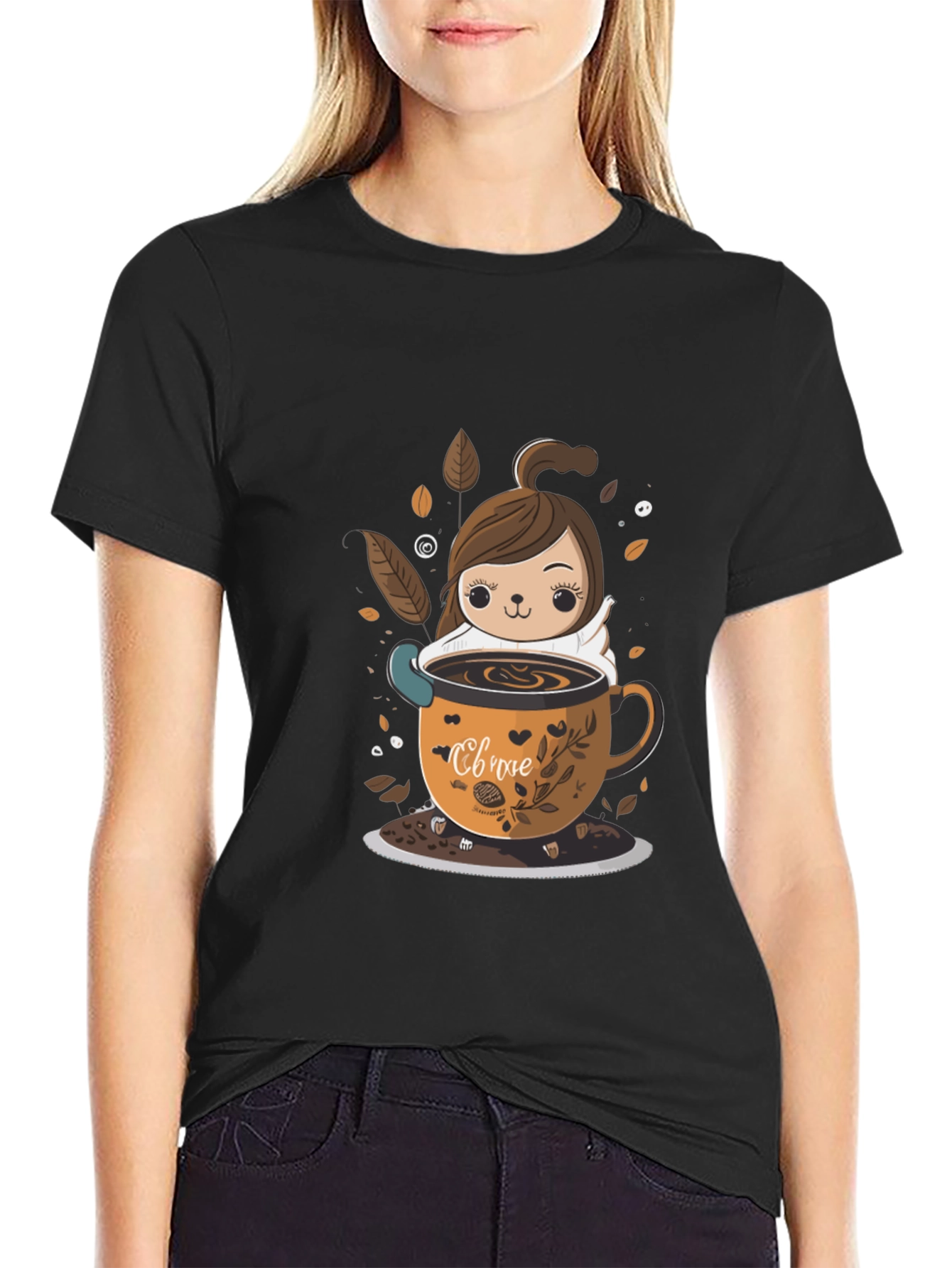 Black Cute Cartoon Coffee Lover T-Shirt view 2