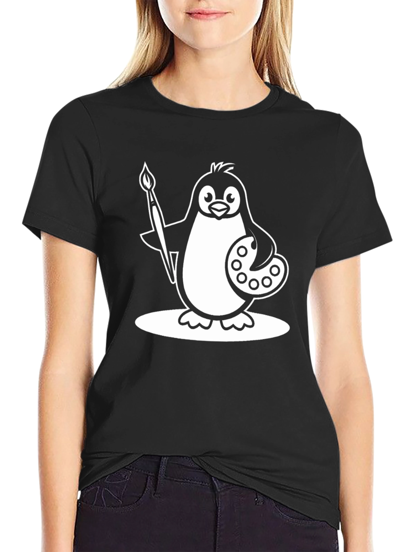 Black Penguin Artist Graphic T-Shirt - Black Cotton Tee view 2