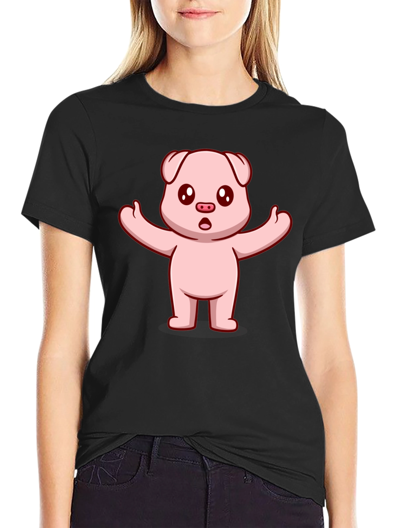 Black Cute Pig Cartoon Black T-Shirt view 2