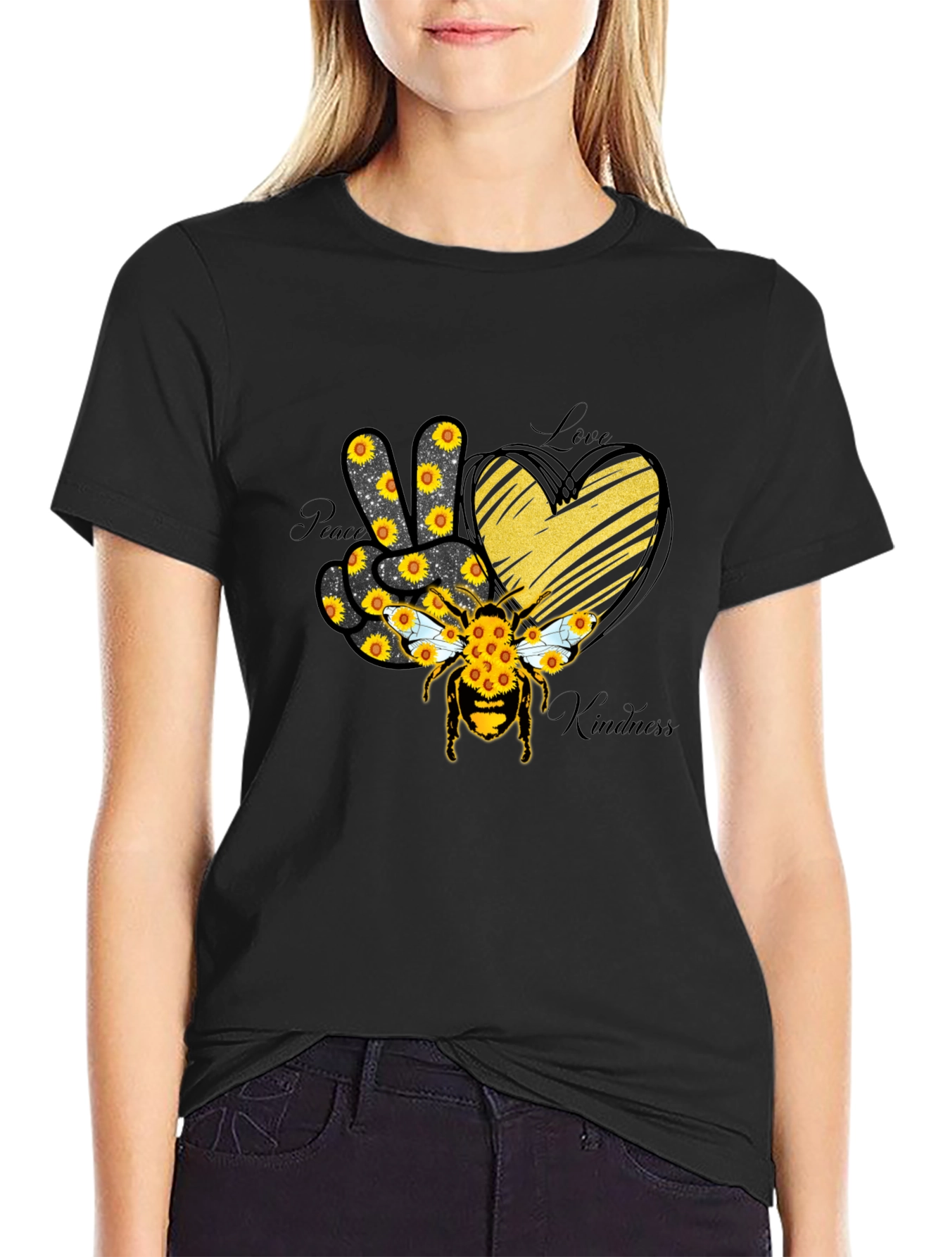Black Peace Love Kindness Sunflower Bee T-Shirt view 2