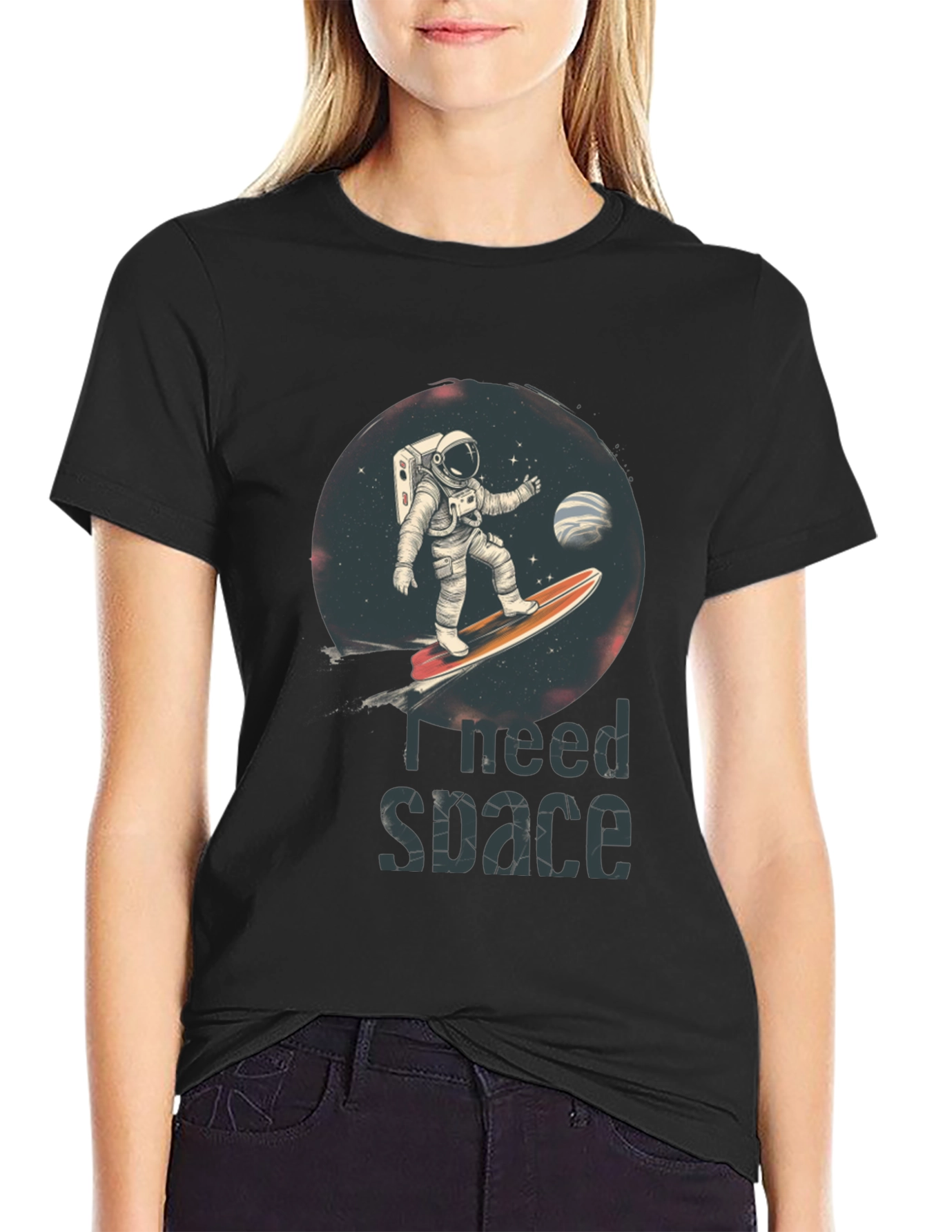 Black I Need Space T-Shirt - Astronaut Surfing Design view 2