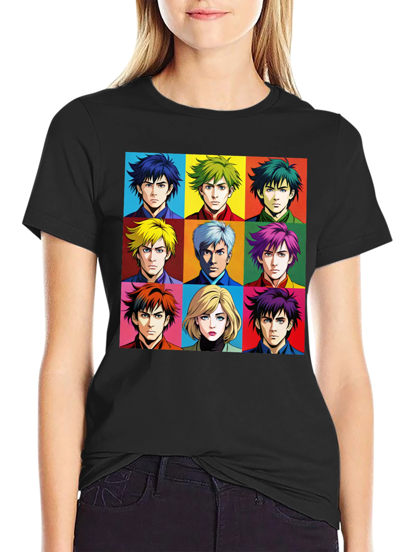 Black Anime Faces T-Shirt, Pop Art Design view 2