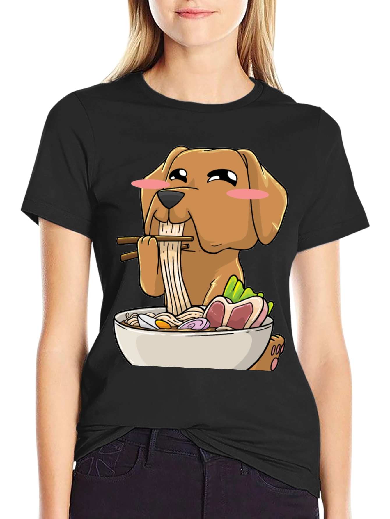 Black Dog Eating Ramen Funny T-Shirt view 2