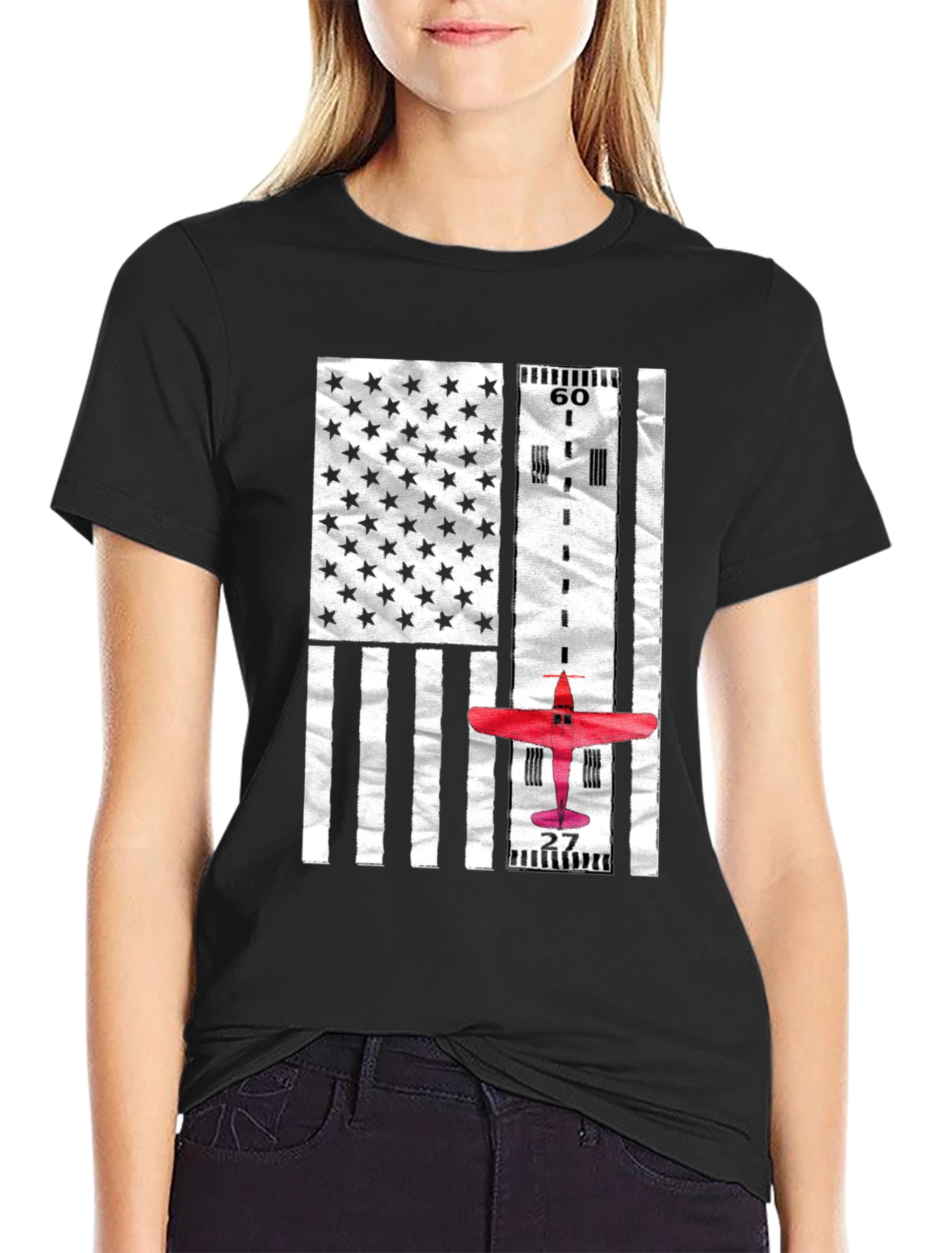 Black Aviator American Flag Runway T-Shirt view 2