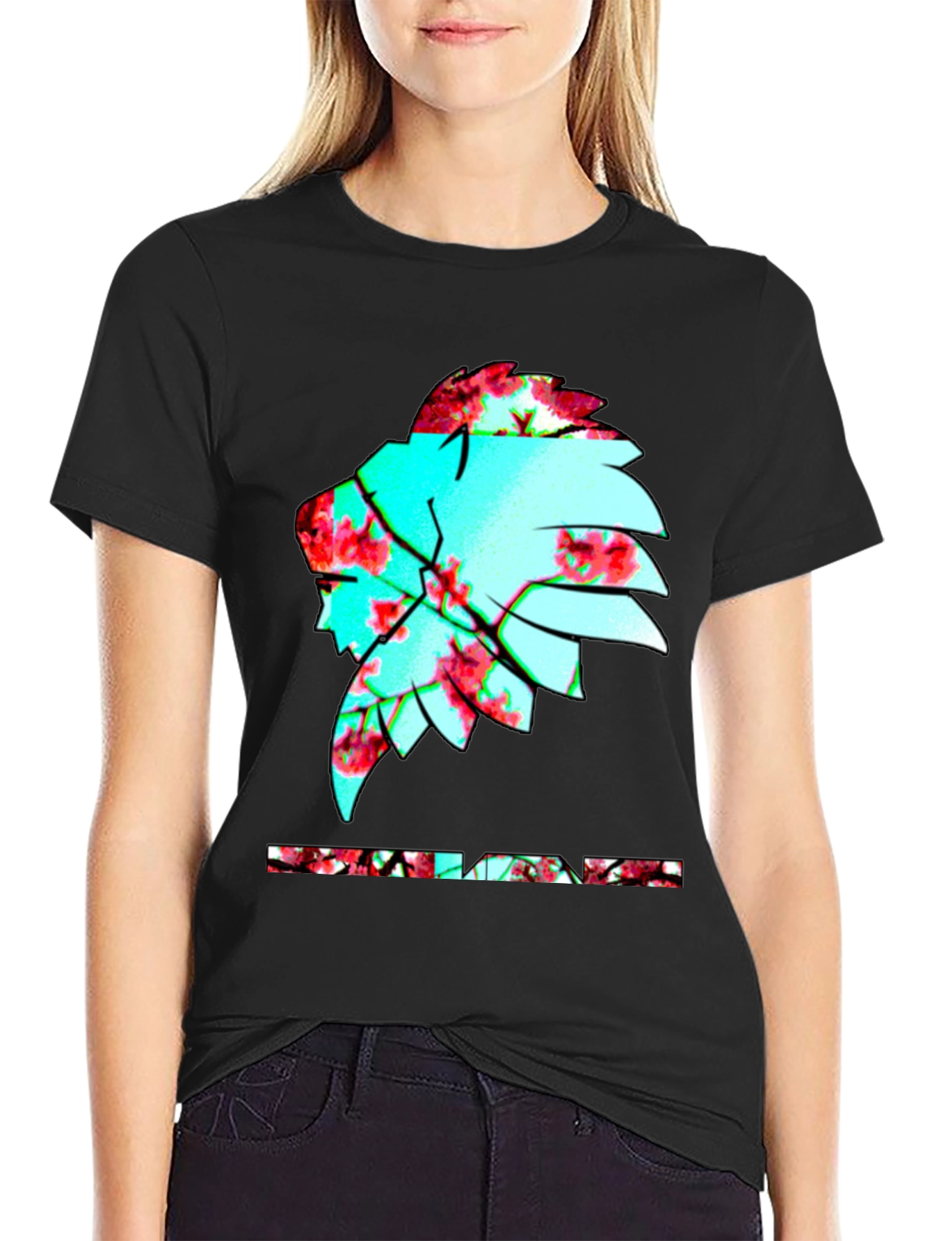 Black Floral Indian Chief Graphic Print Black T-Shirt view 2