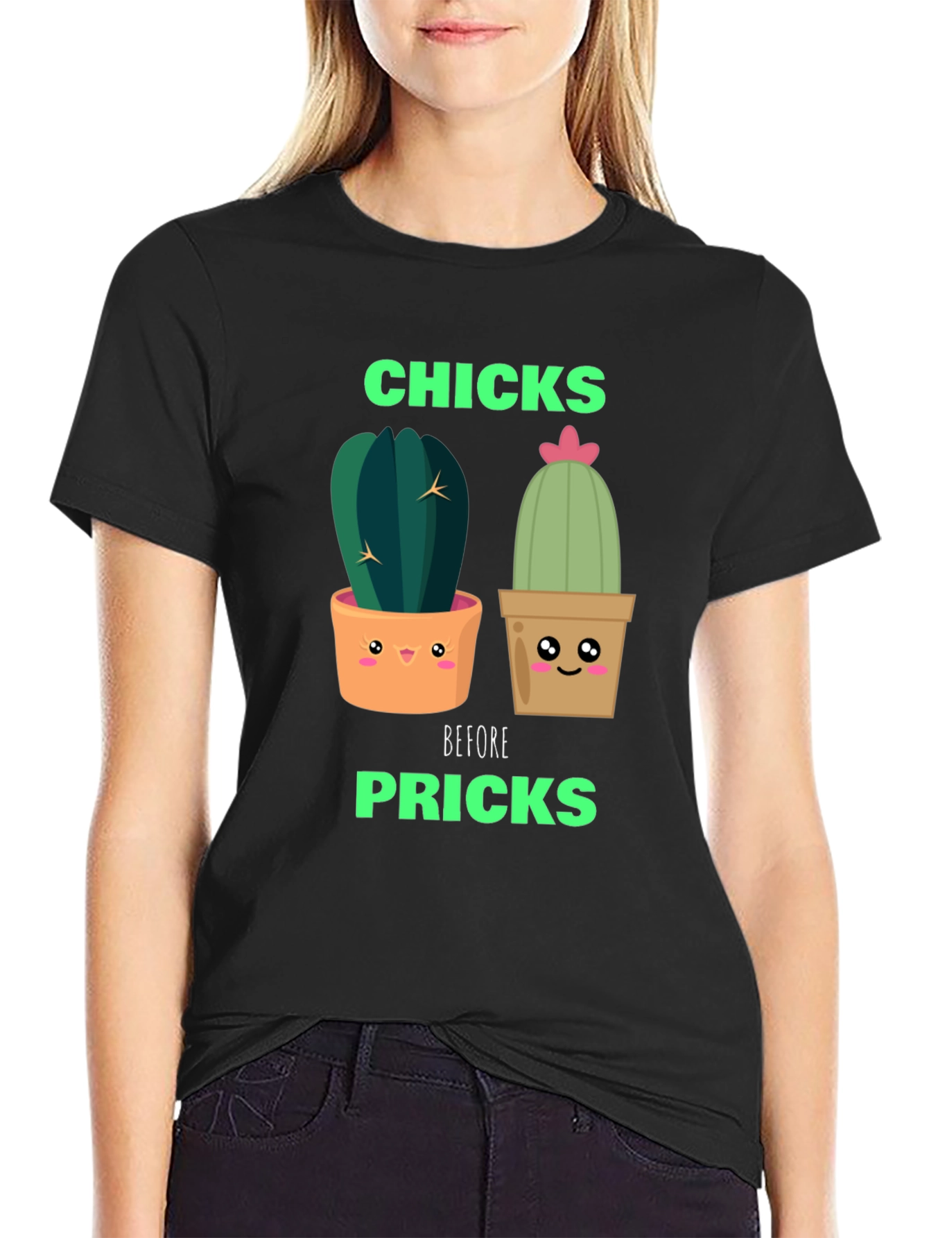 Black Funny Cactus Graphic T-Shirt - Chicks Before Pricks view 2