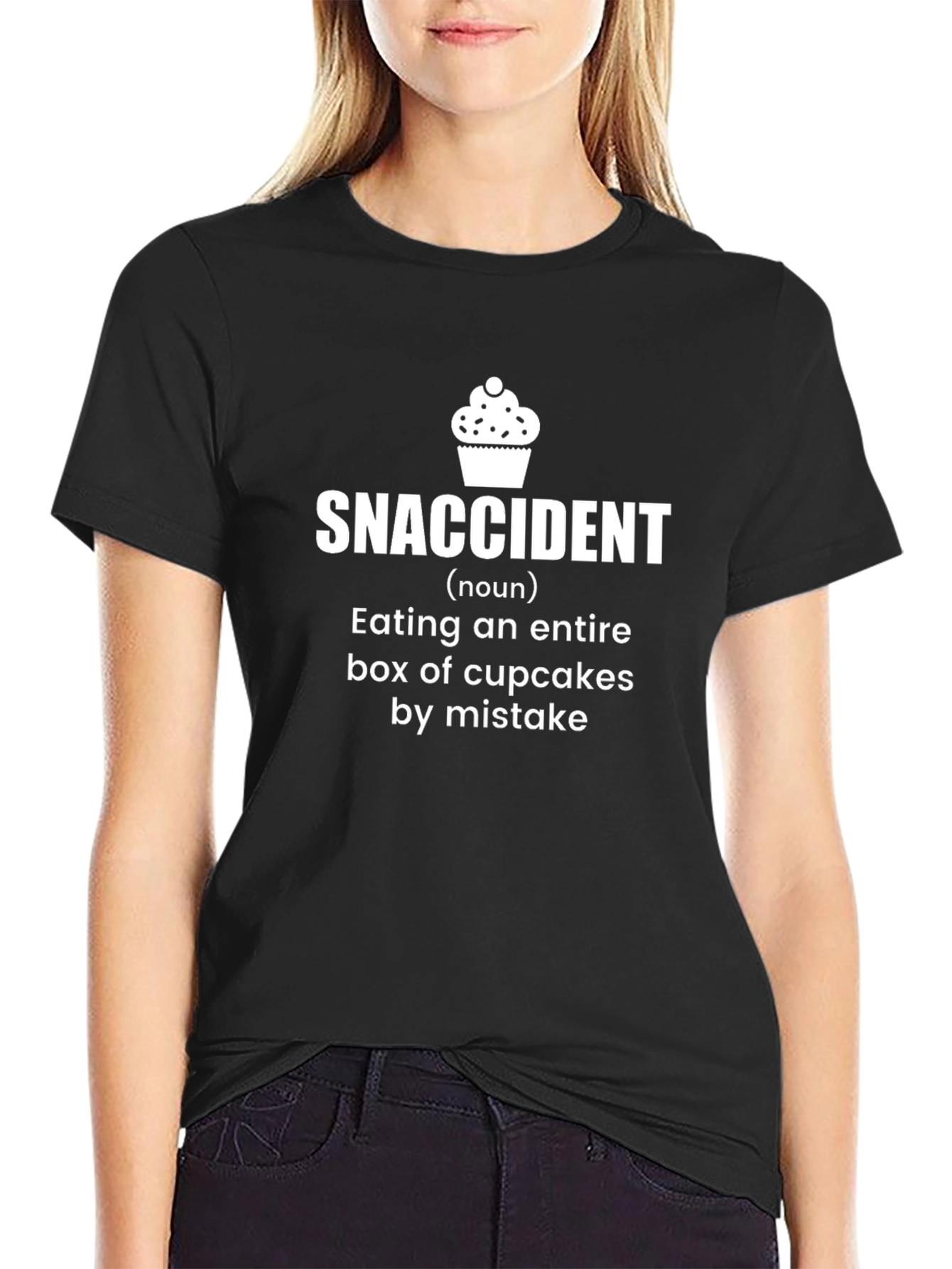 Black Snaccident Cupcake T-Shirt: Humorous Foodie Tee view 2