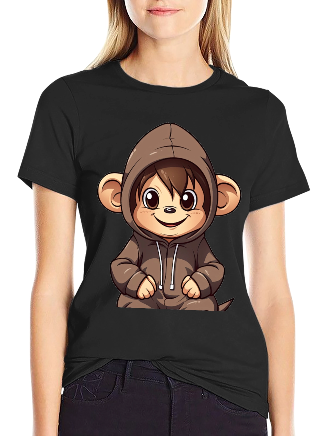 Black Cute Monkey Hoodie Graphic Tee view 2