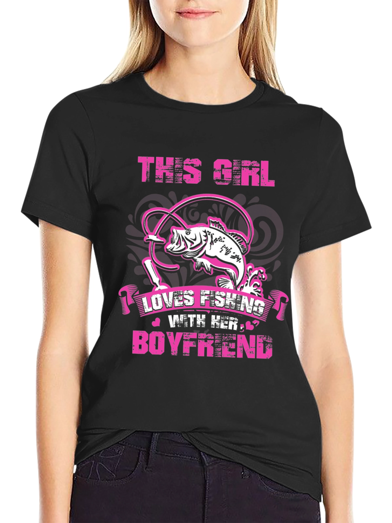 Black Fishing Girl Boyfriend Black T-Shirt view 2