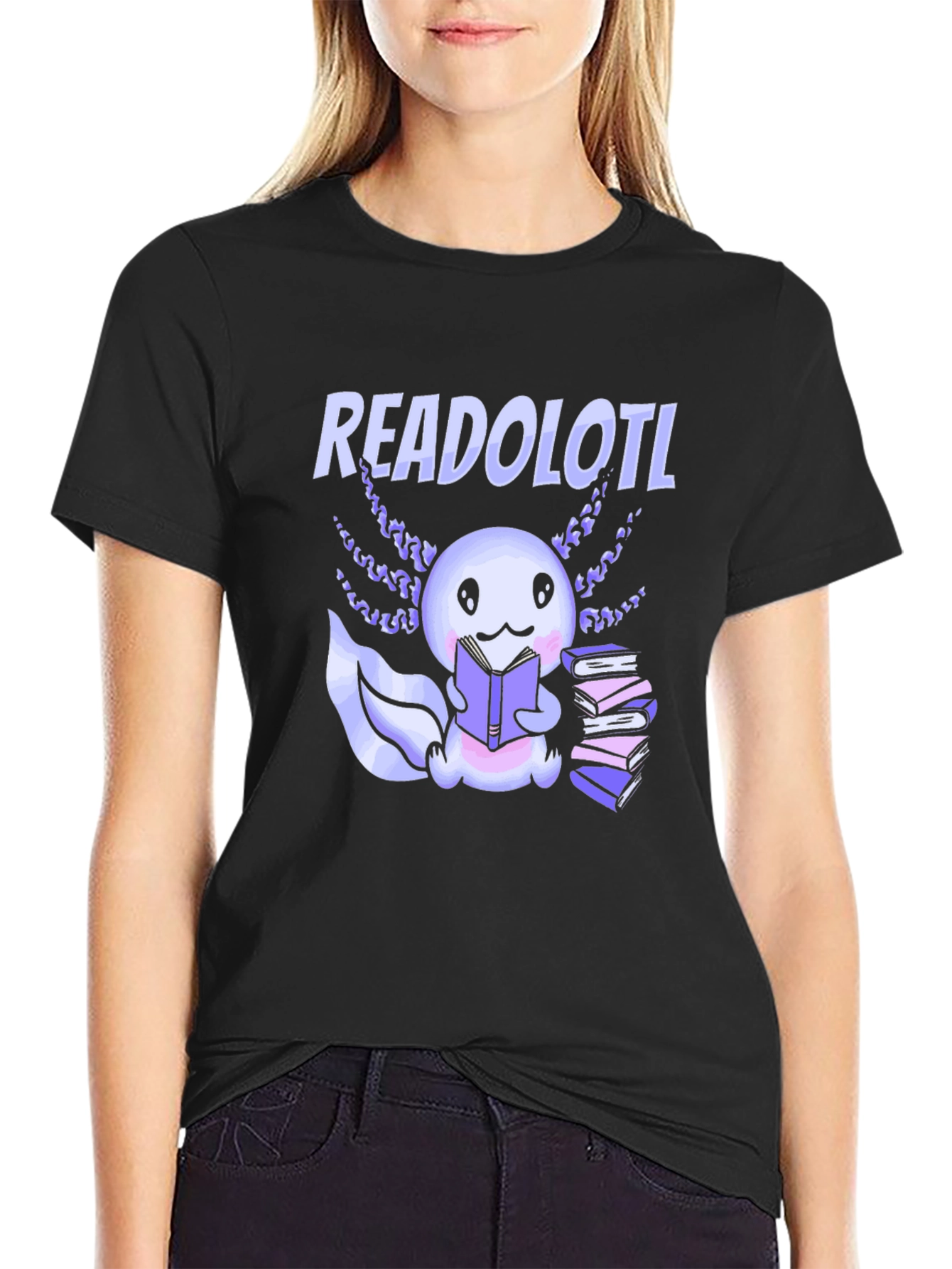 Black Readolotl T-Shirt - Cute Axolotl Reading Books view 2