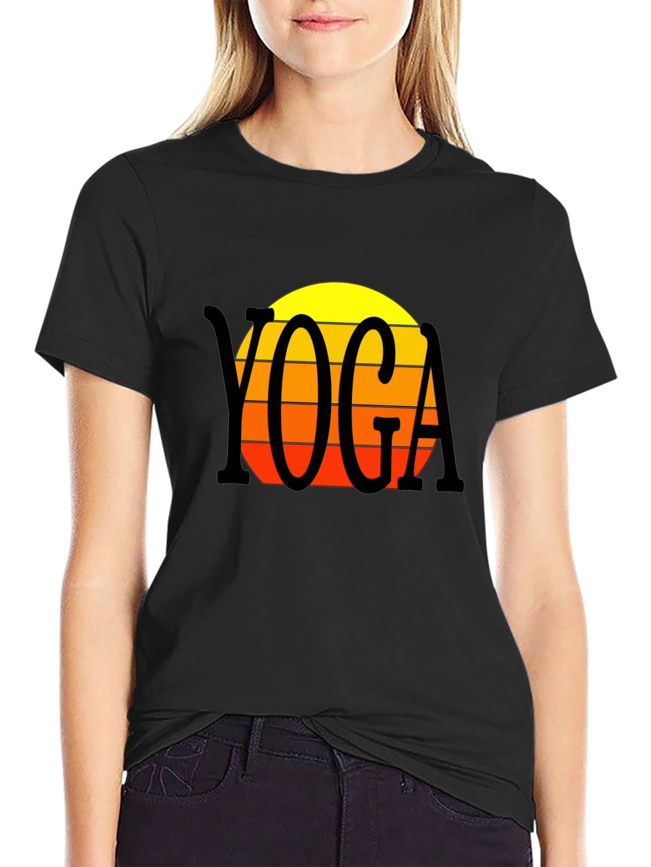 Black Yoga Sunset T-Shirt - Retro Style view 2
