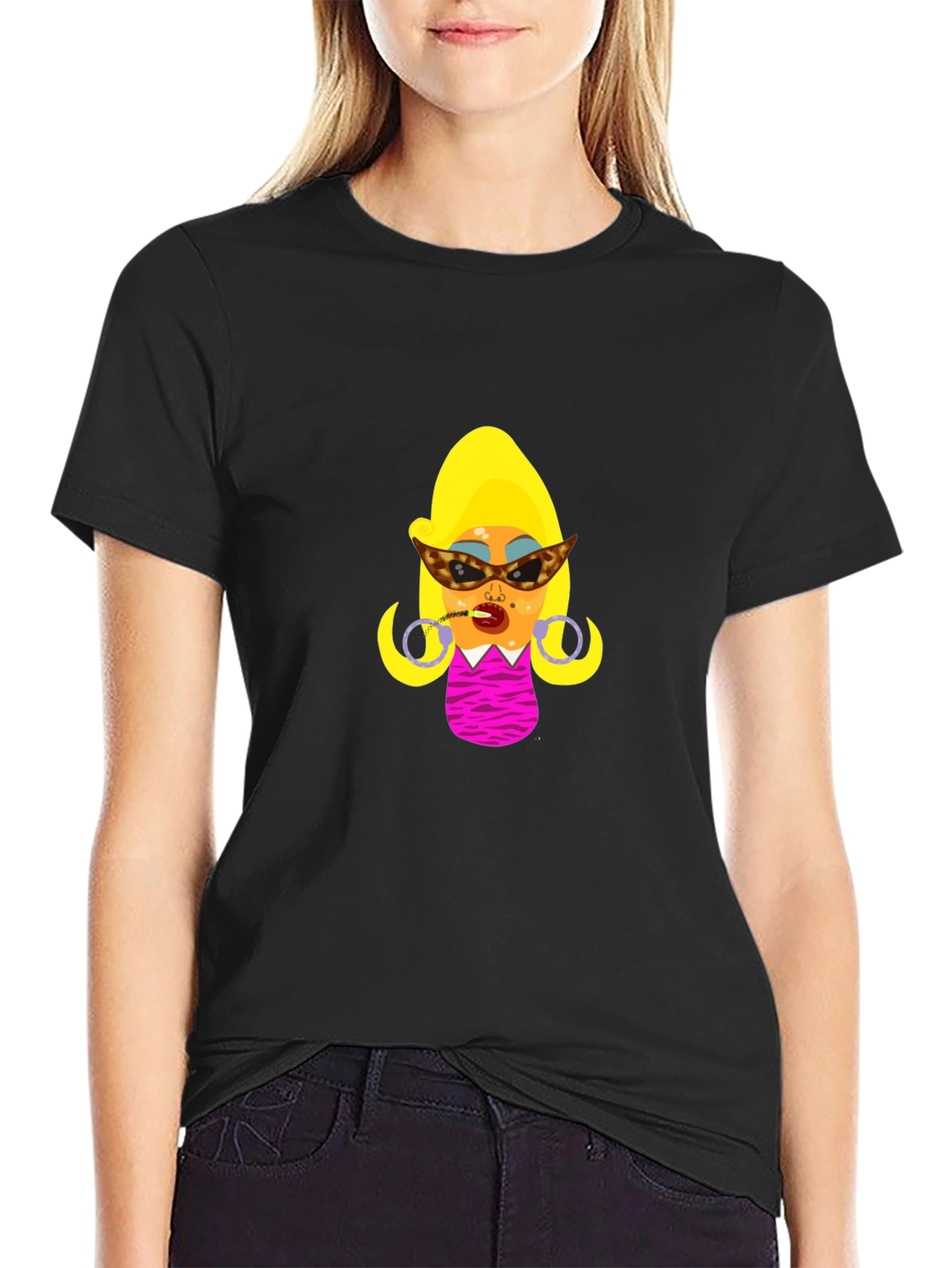 Black Black T-Shirt with Cartoon Woman view 2