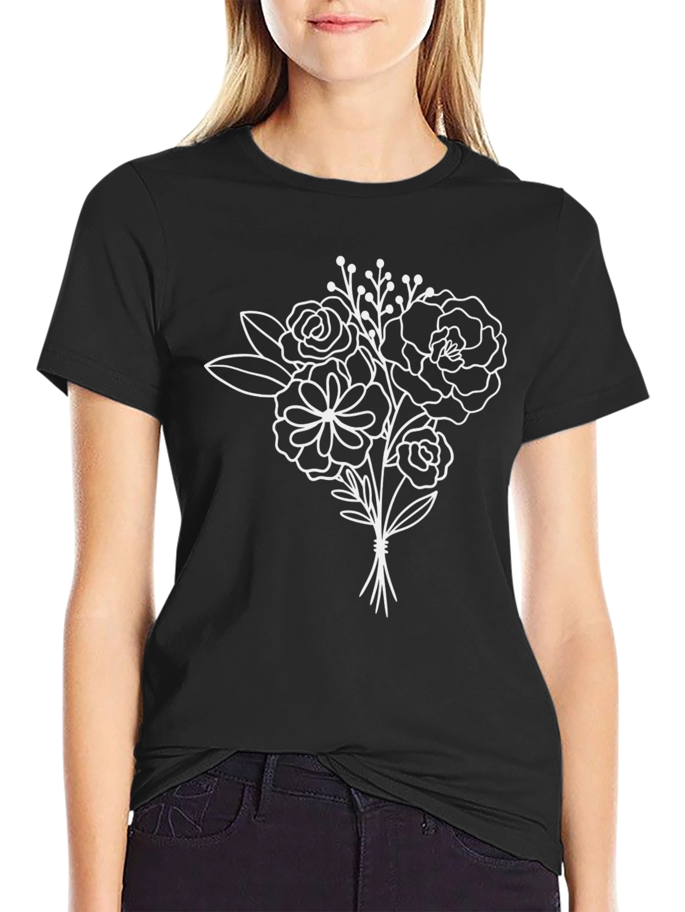 Black Floral Bouquet Graphic Tee - Black Cotton T-Shirt view 2