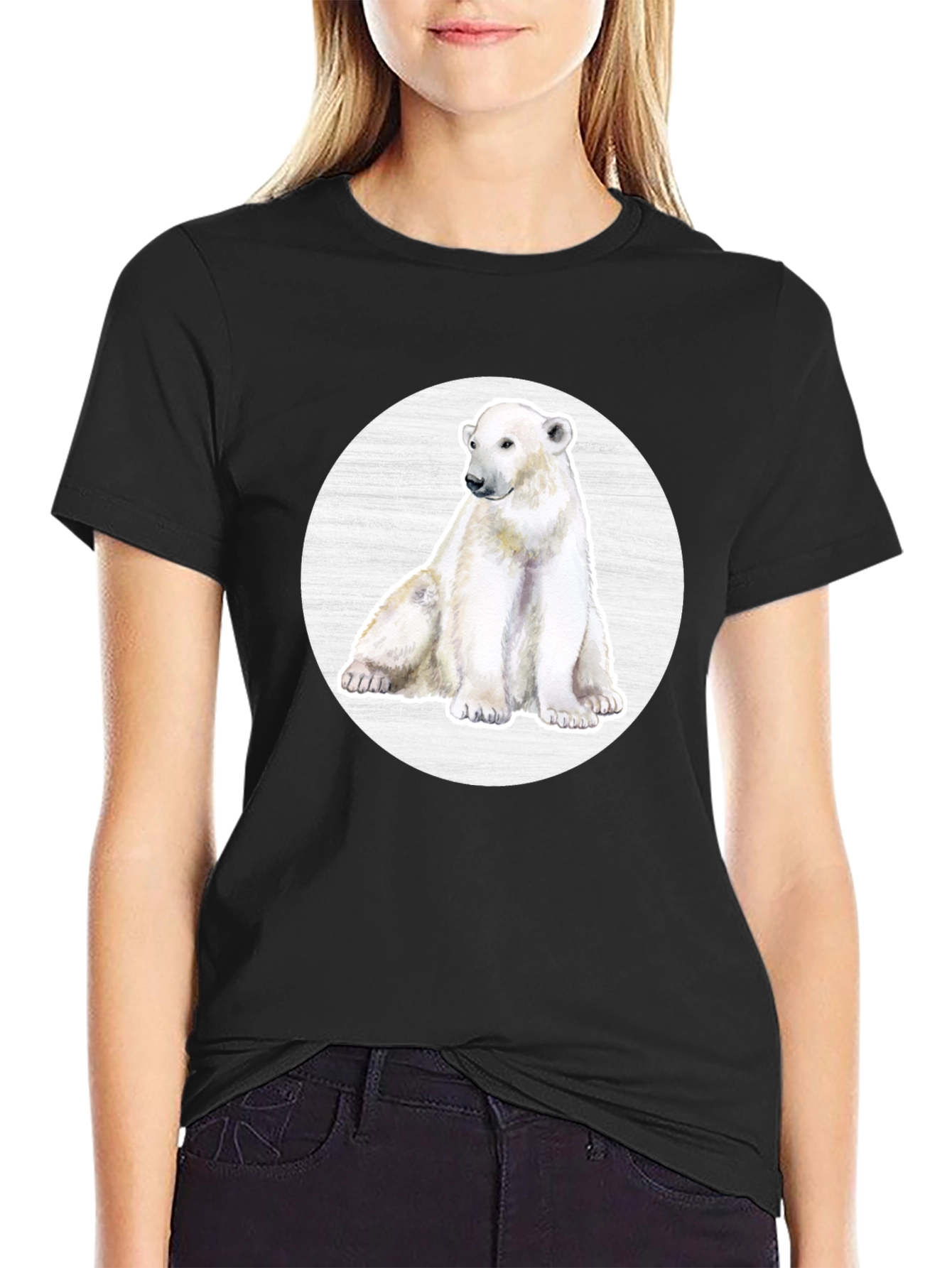 Black Polar Bear Graphic Print Crew Neck T-Shirt view 2
