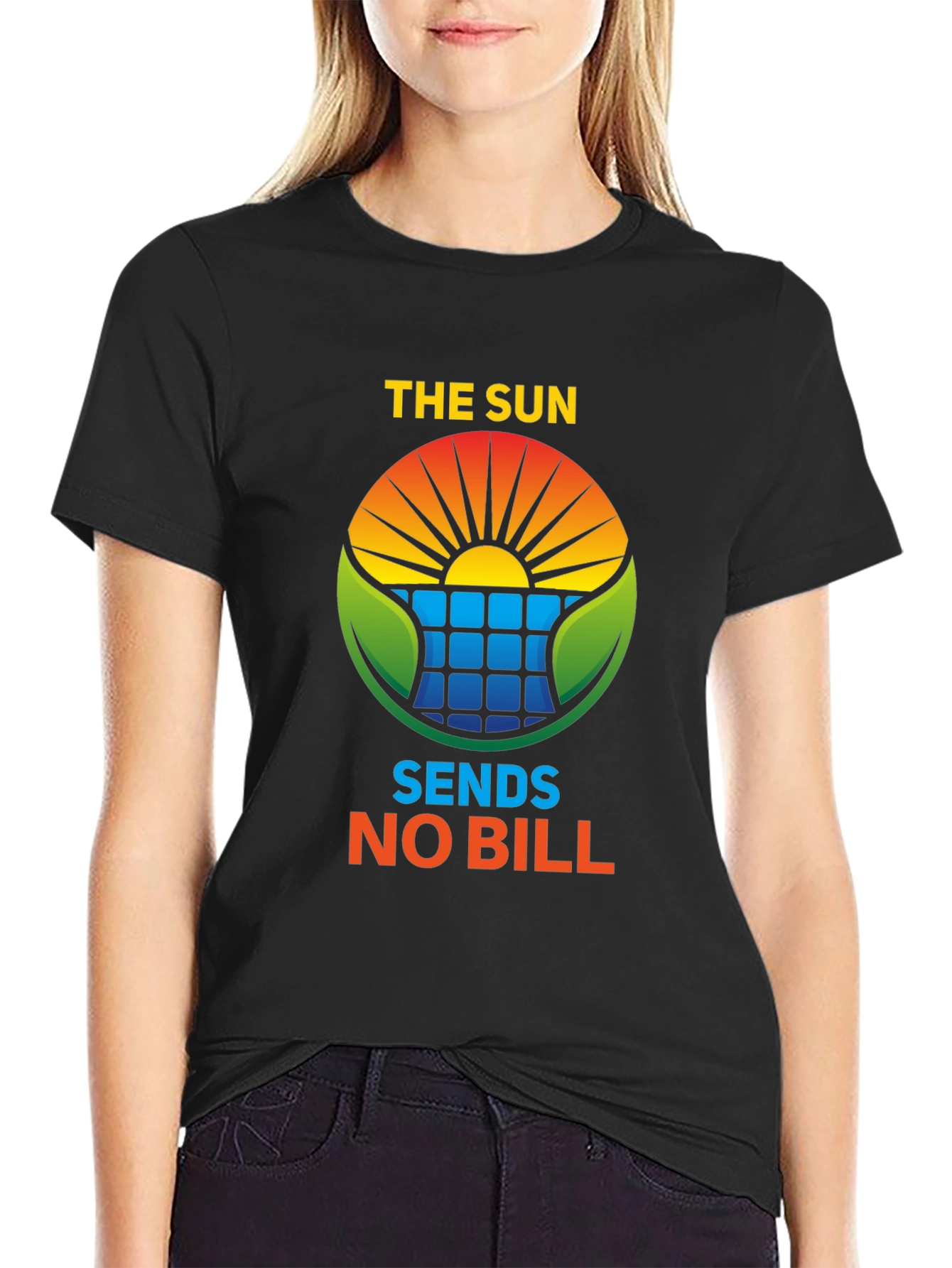 Black Eco-Friendly "The Sun Sends No Bill" Solar Energy T-Shirt view 2