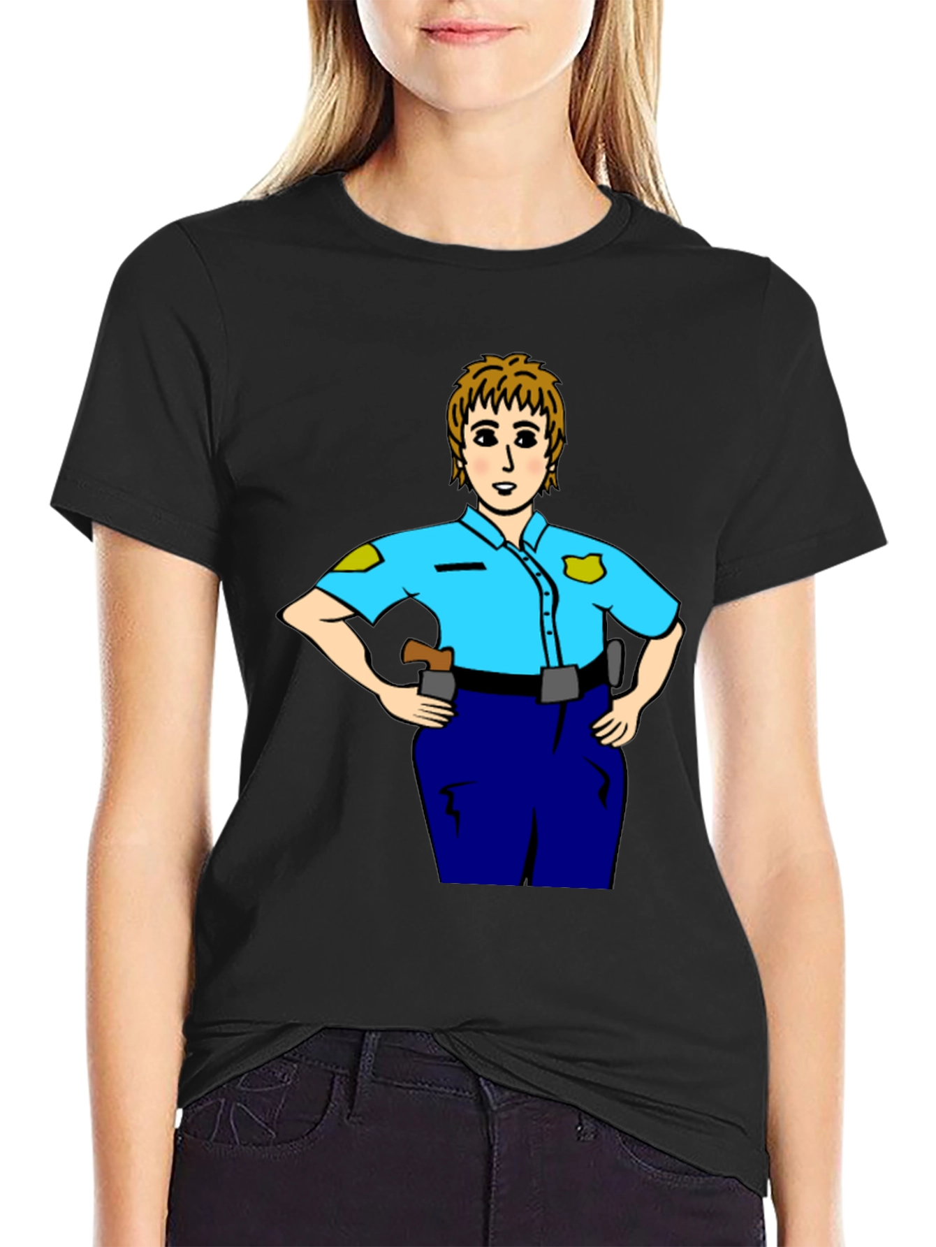 Black Police Woman Cartoon T-Shirt | Graphic Tee view 2