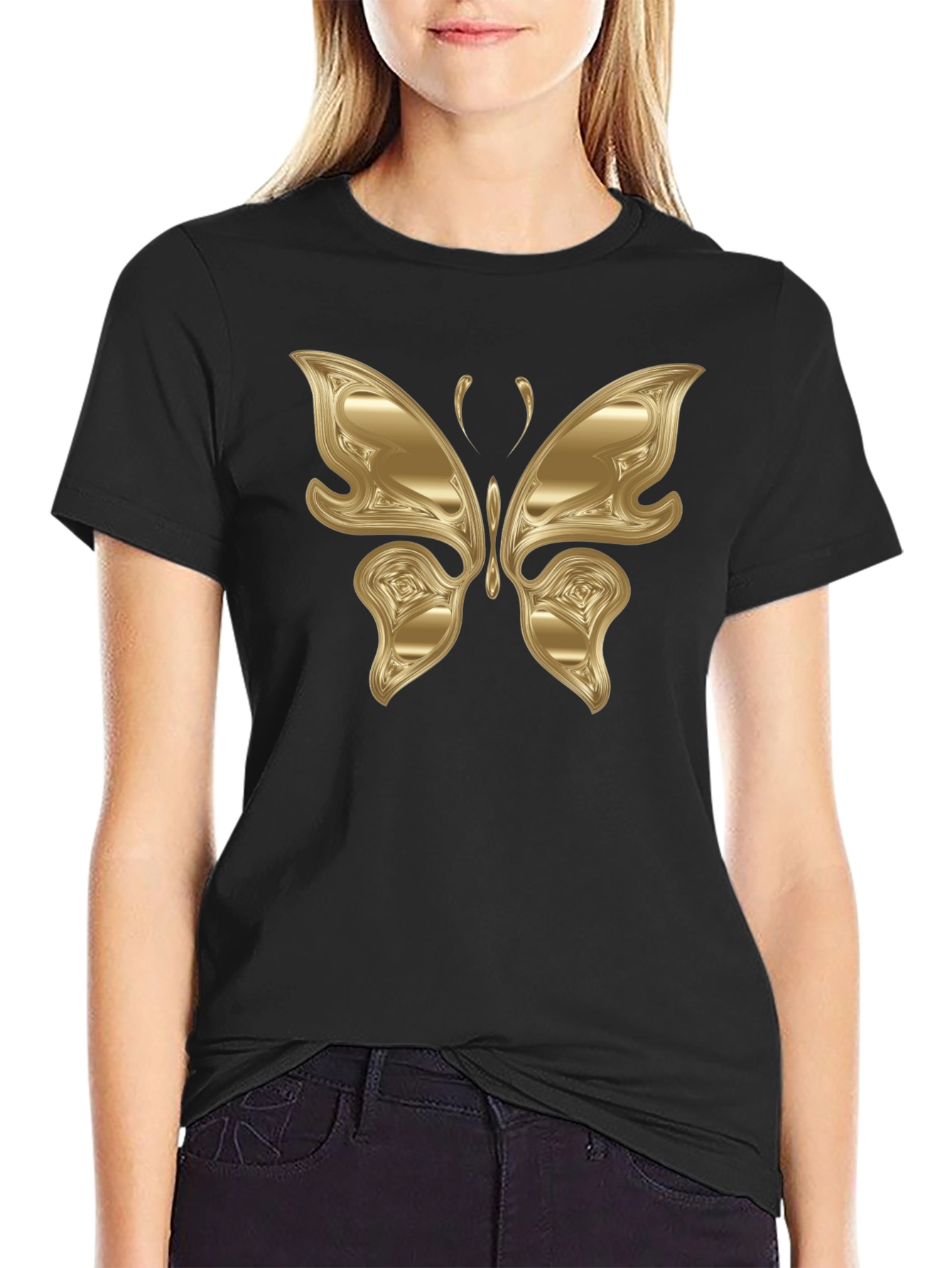 Black Golden Butterfly Graphic Black T-Shirt view 2
