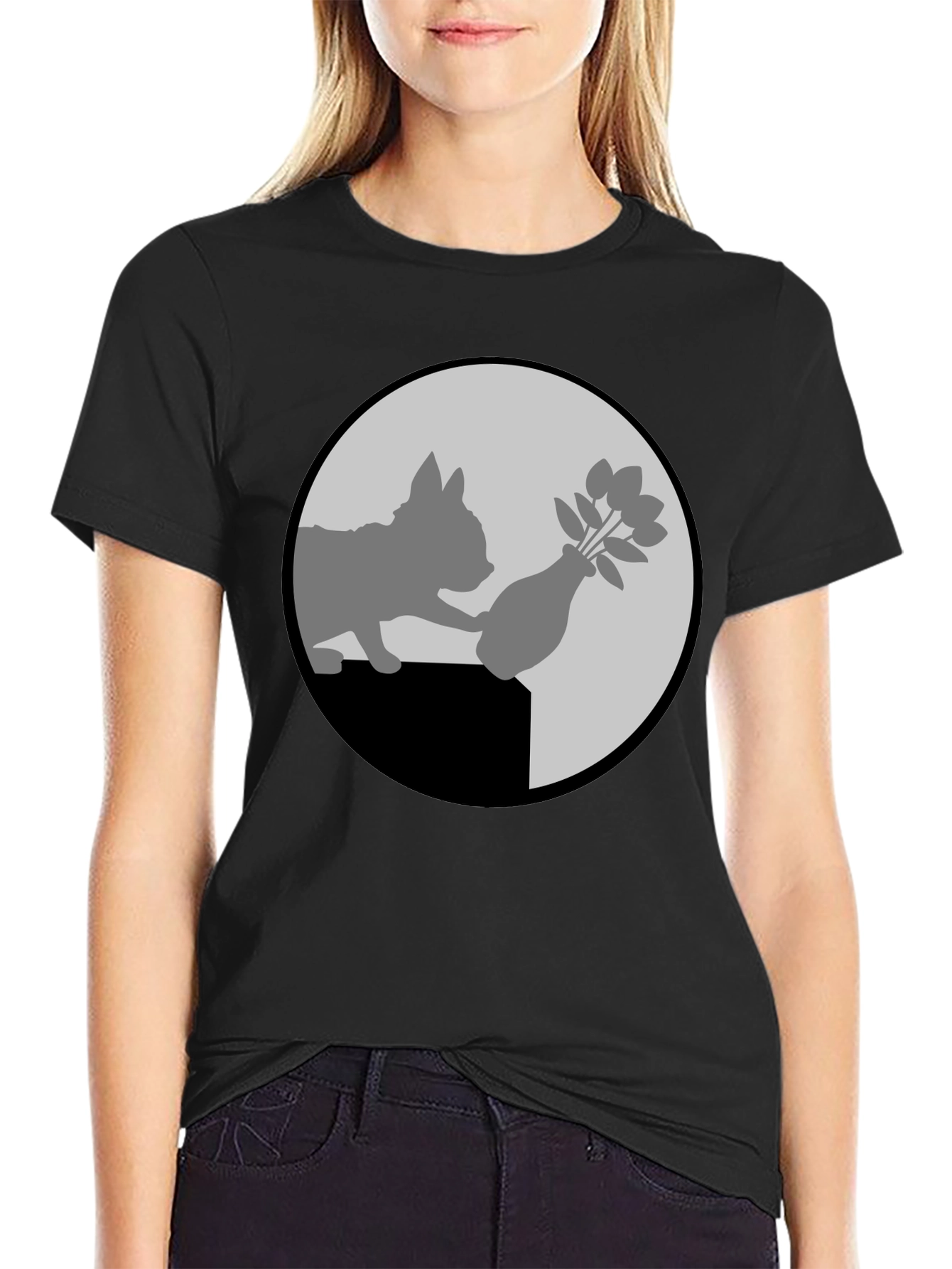 Black Cat & Vase Graphic Tee - Quirky Black T-Shirt view 2