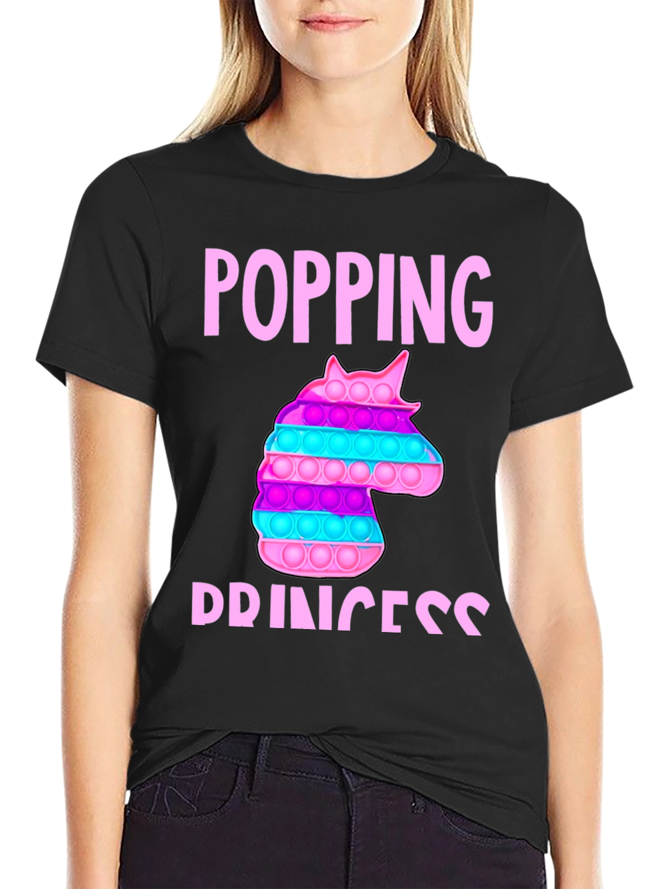 Black Popping Princess Unicorn Bubble Pop T-Shirt view 2