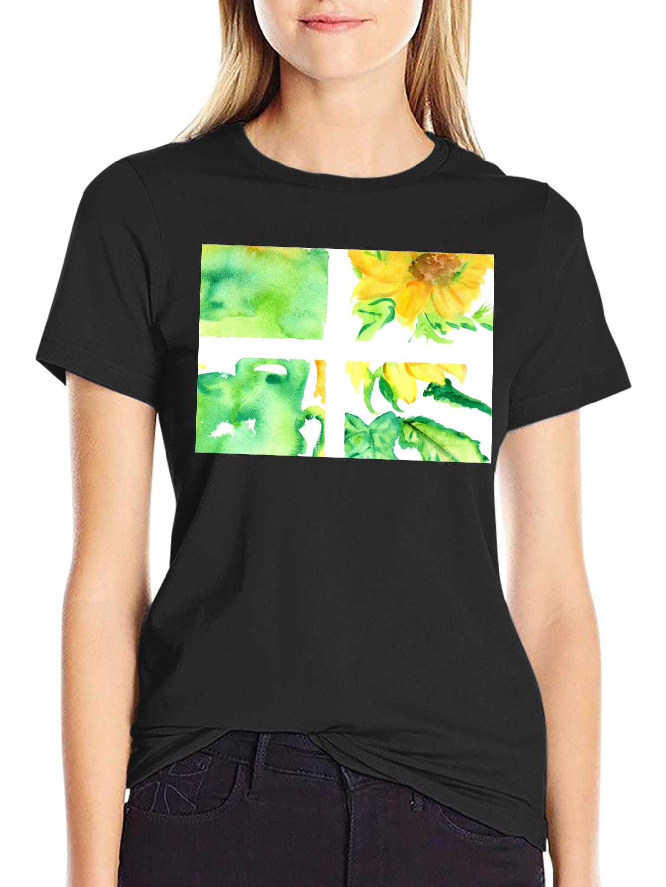 Black Sunflower Watercolor Graphic Black T-Shirt view 2