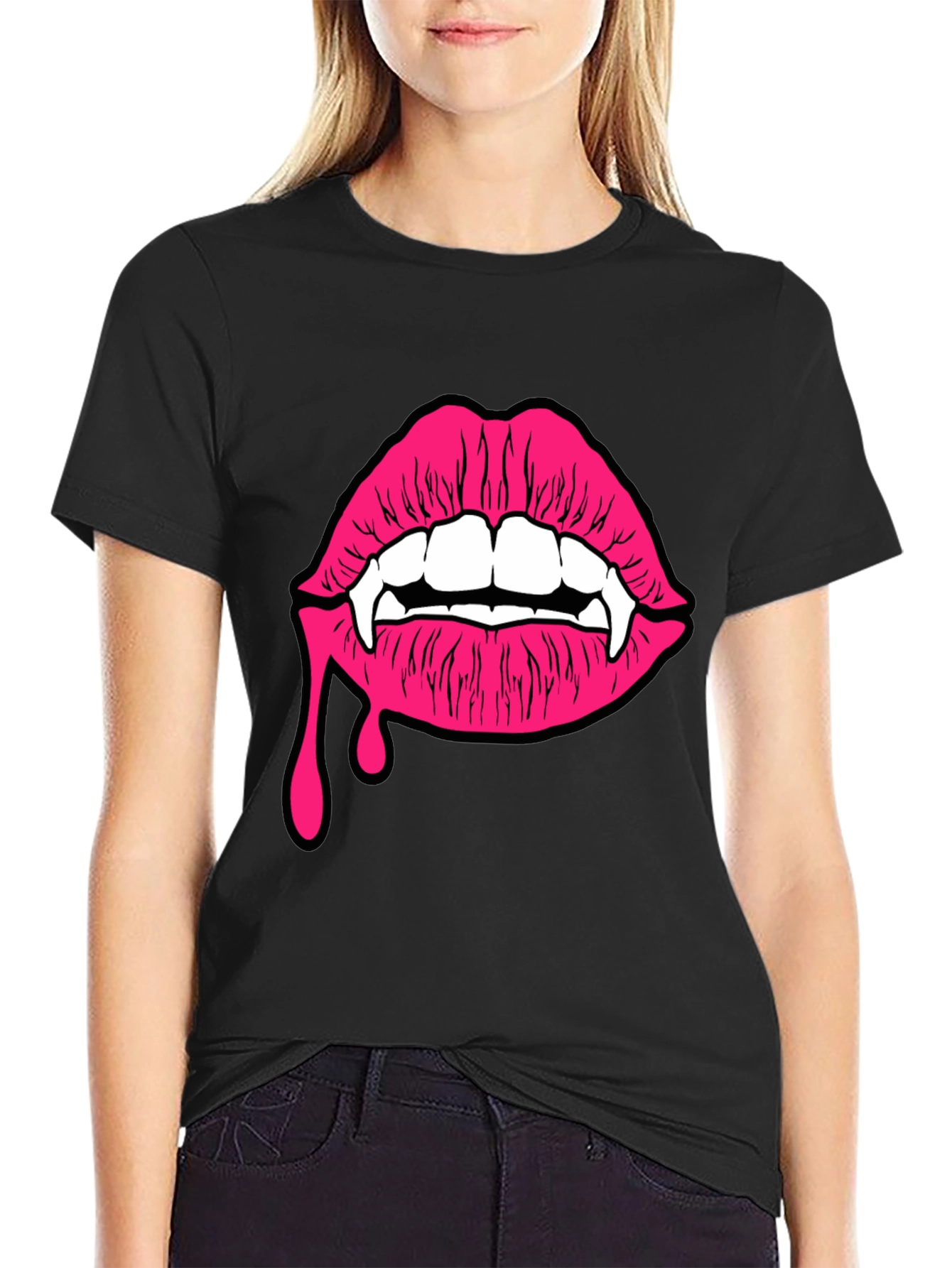 Black Vampire Lips Graphic Tee - Black Cotton T-Shirt view 2