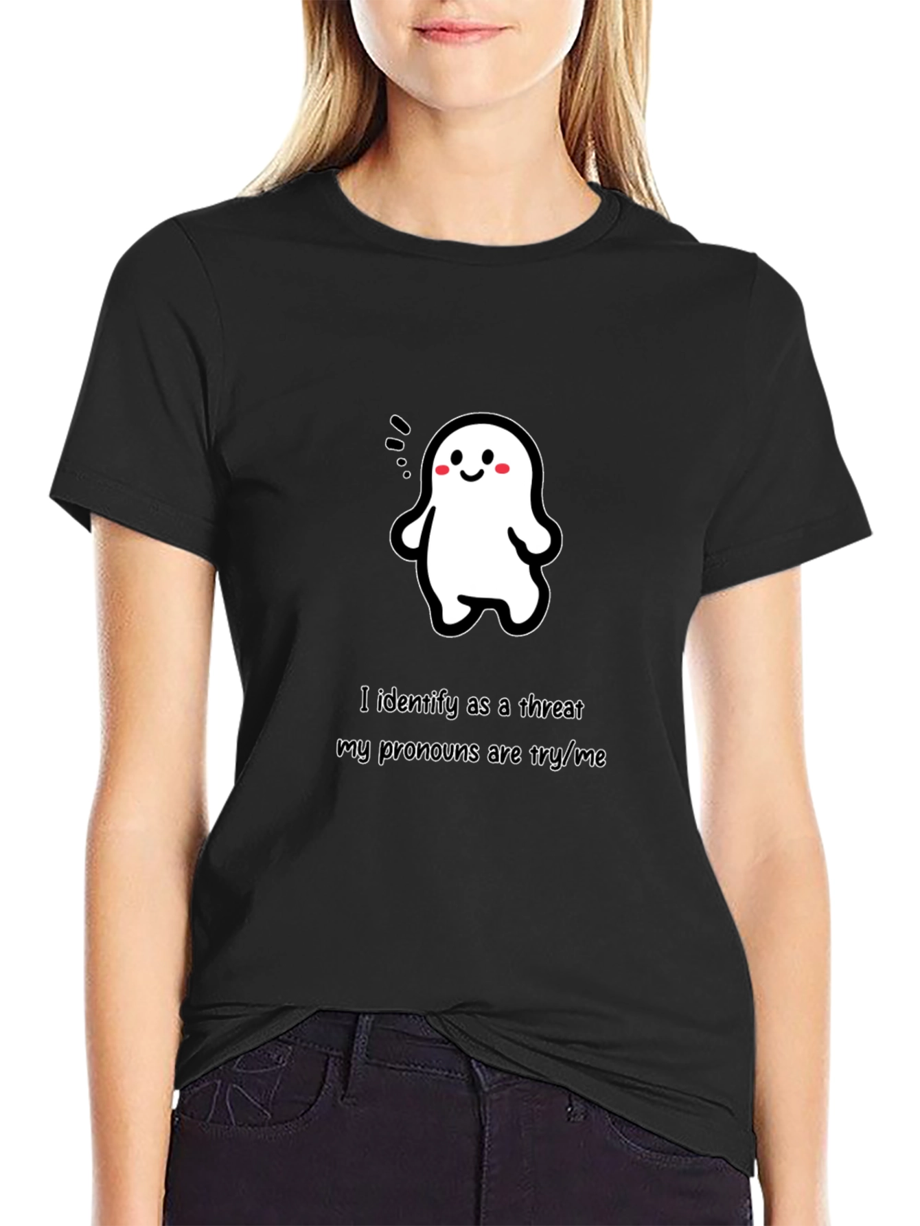 Black Funny Ghost T-Shirt - "Try/Me" Pronouns view 2