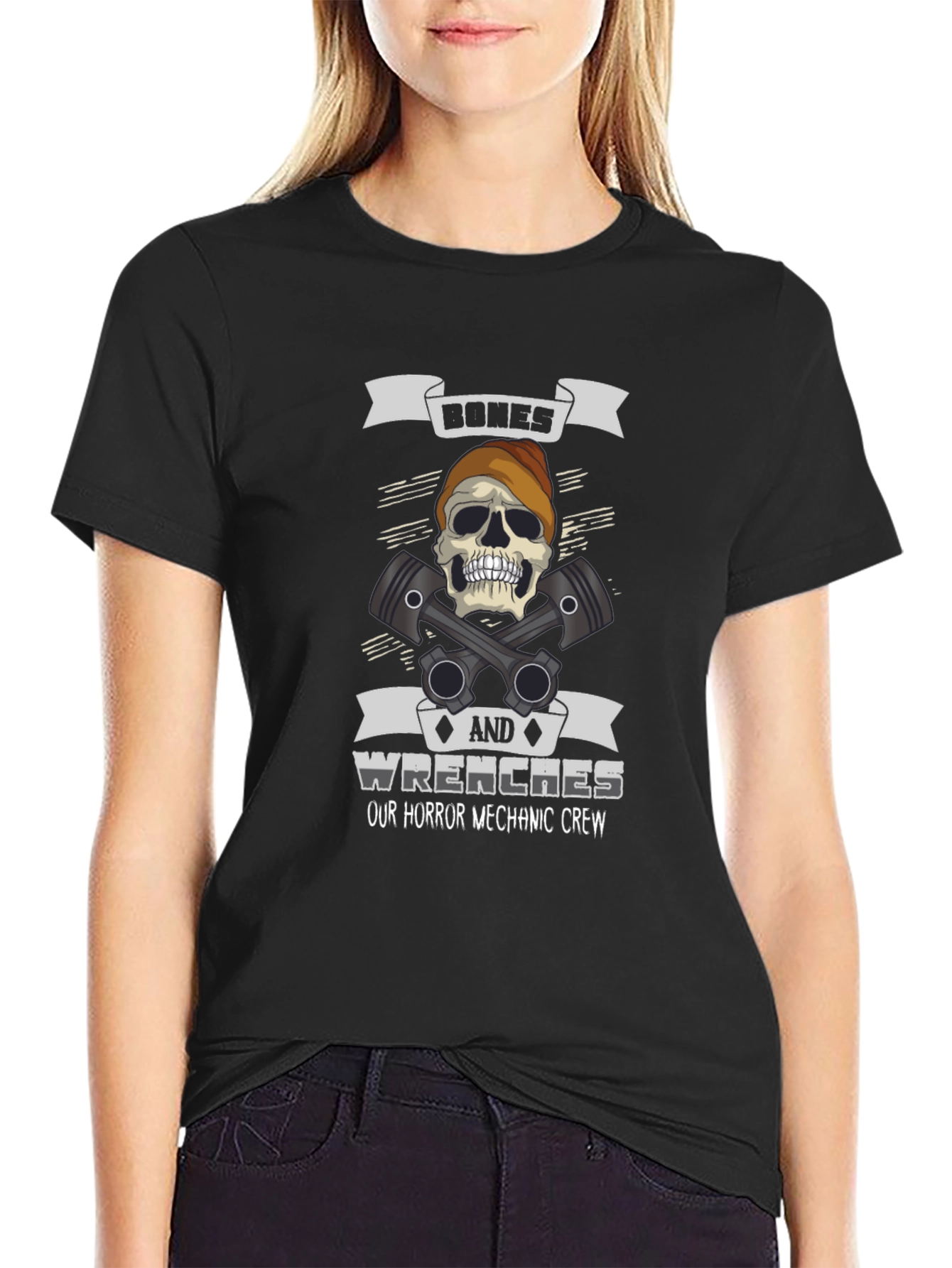 Black Bones & Wrenches Horror Mechanic Crew Black T-Shirt view 2