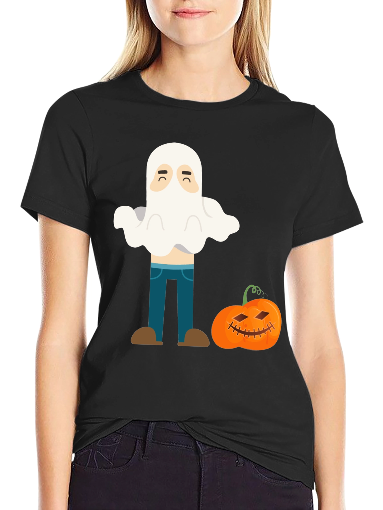Black Halloween Ghost & Pumpkin Graphic T-Shirt view 2