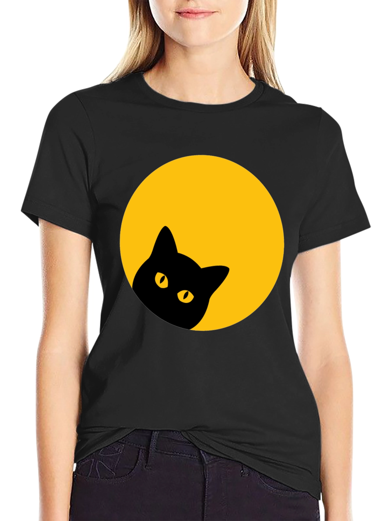Black Black Cat Peek-a-Boo T-Shirt - Moon Design view 2