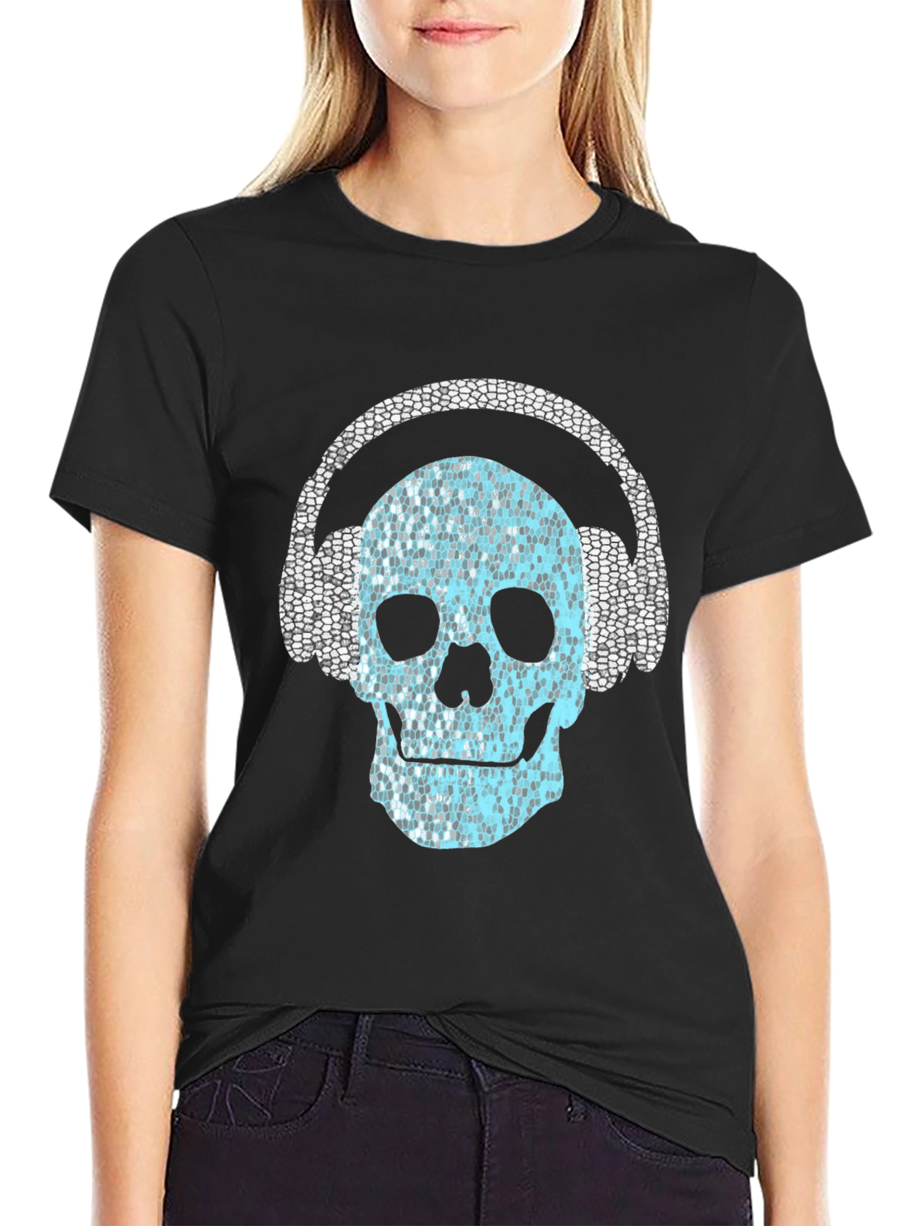Black Skull with Headphones Graphic T-Shirt view 2