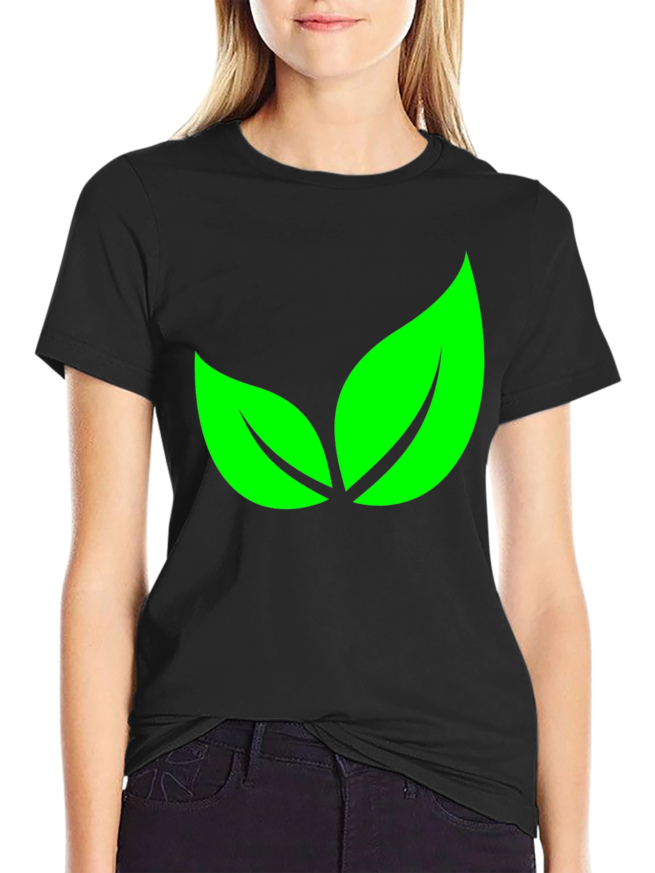 Black Green Leaves Graphic Black T-Shirt view 2