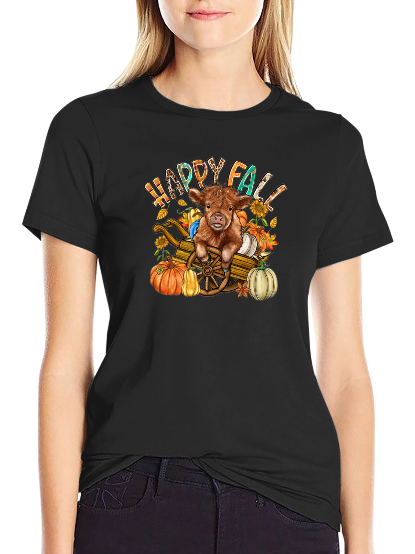 Black Happy Fall Highland Cow T-Shirt view 2