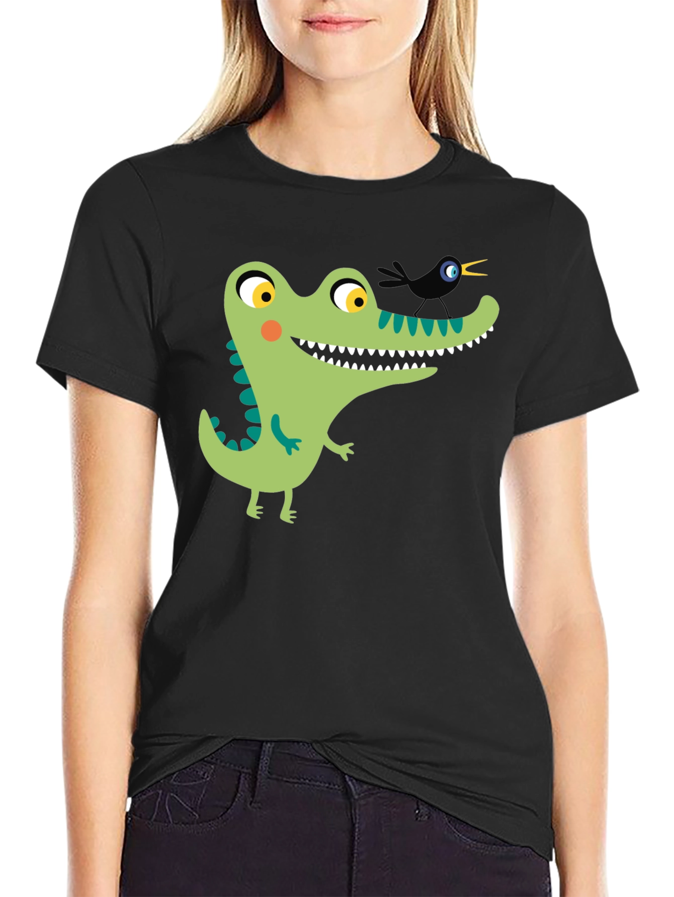 Black Cartoon Alligator Graphic Tee - Black Cotton view 2