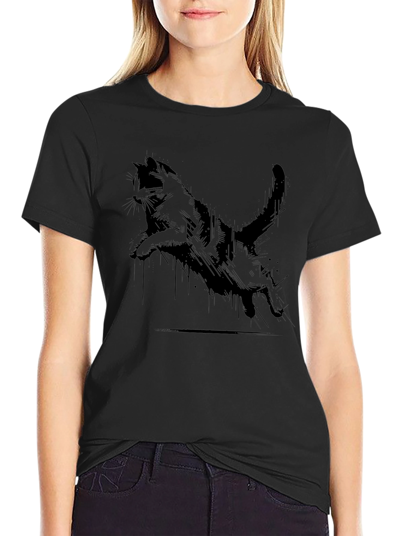 Black Cool Cat Print Black T-Shirt view 2