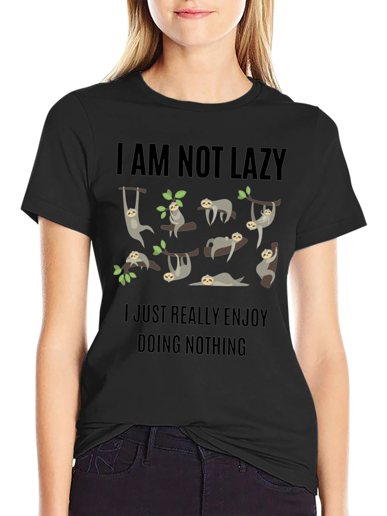 Black Funny Sloth Graphic T-Shirt - "I Am Not Lazy" view 2