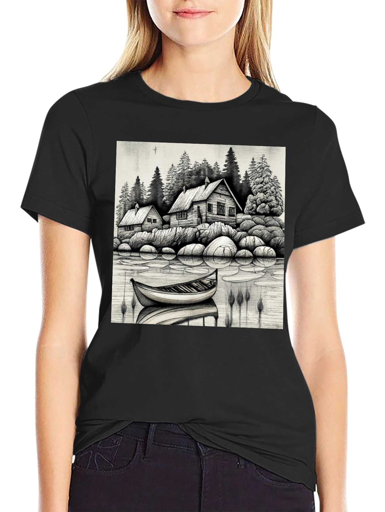 Black Cabin Lake Scene T-Shirt view 2