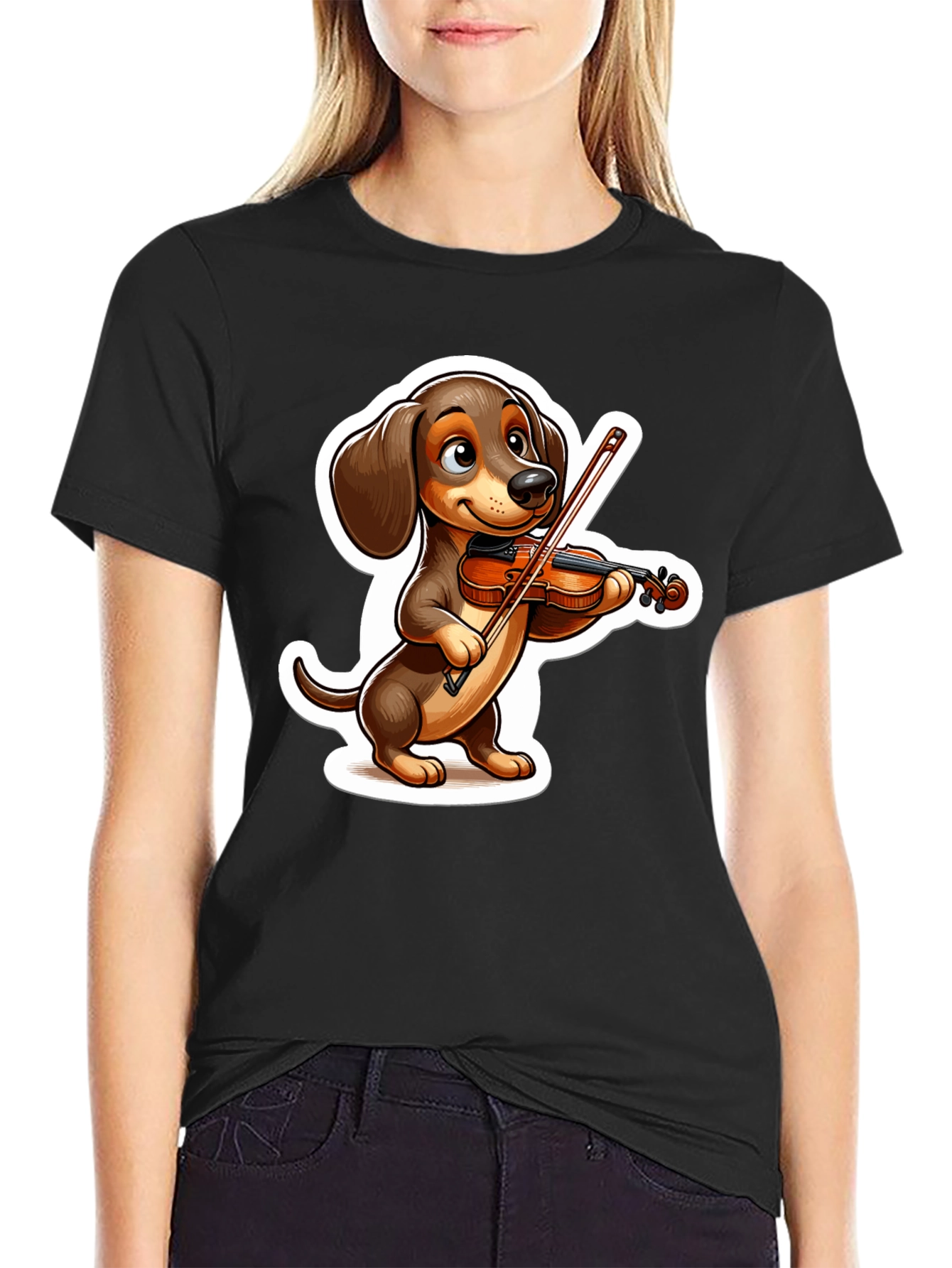 Black Dachshund Violinist T-Shirt - Cute Dog Lover Tee view 2