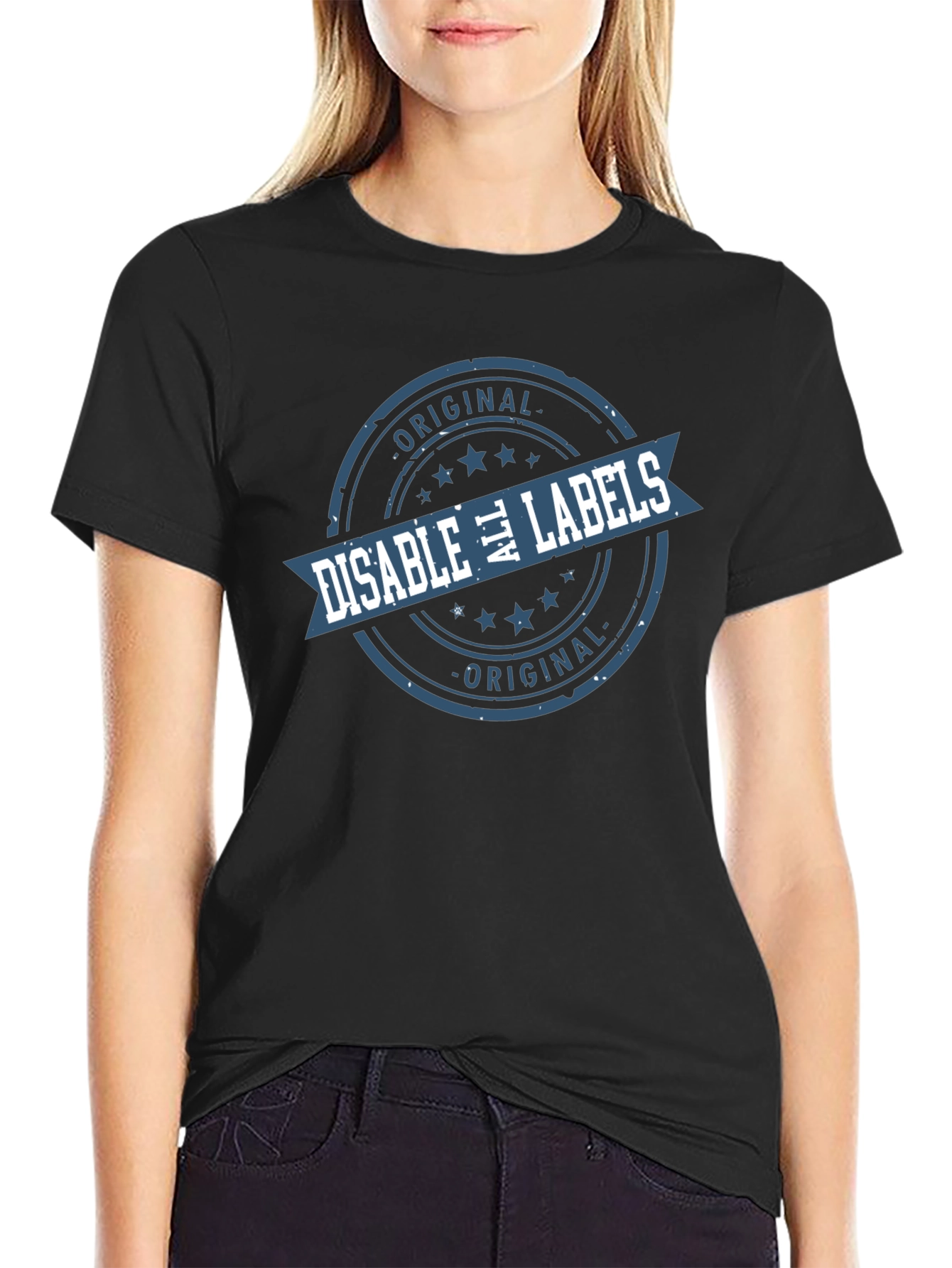 Black Disable All Labels T-Shirt - Original Design view 2
