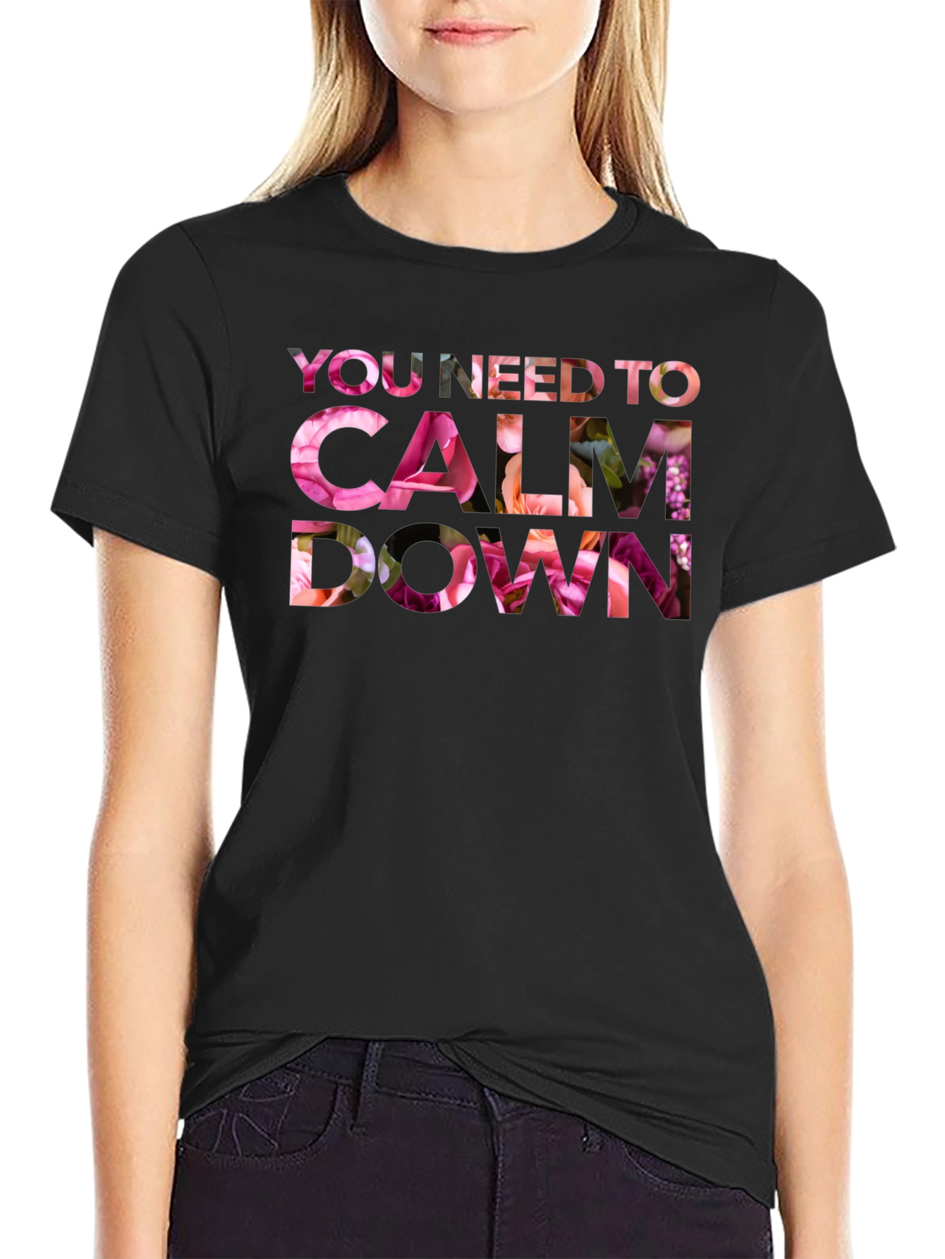 Black Floral Calm Down Graphic T-Shirt view 2