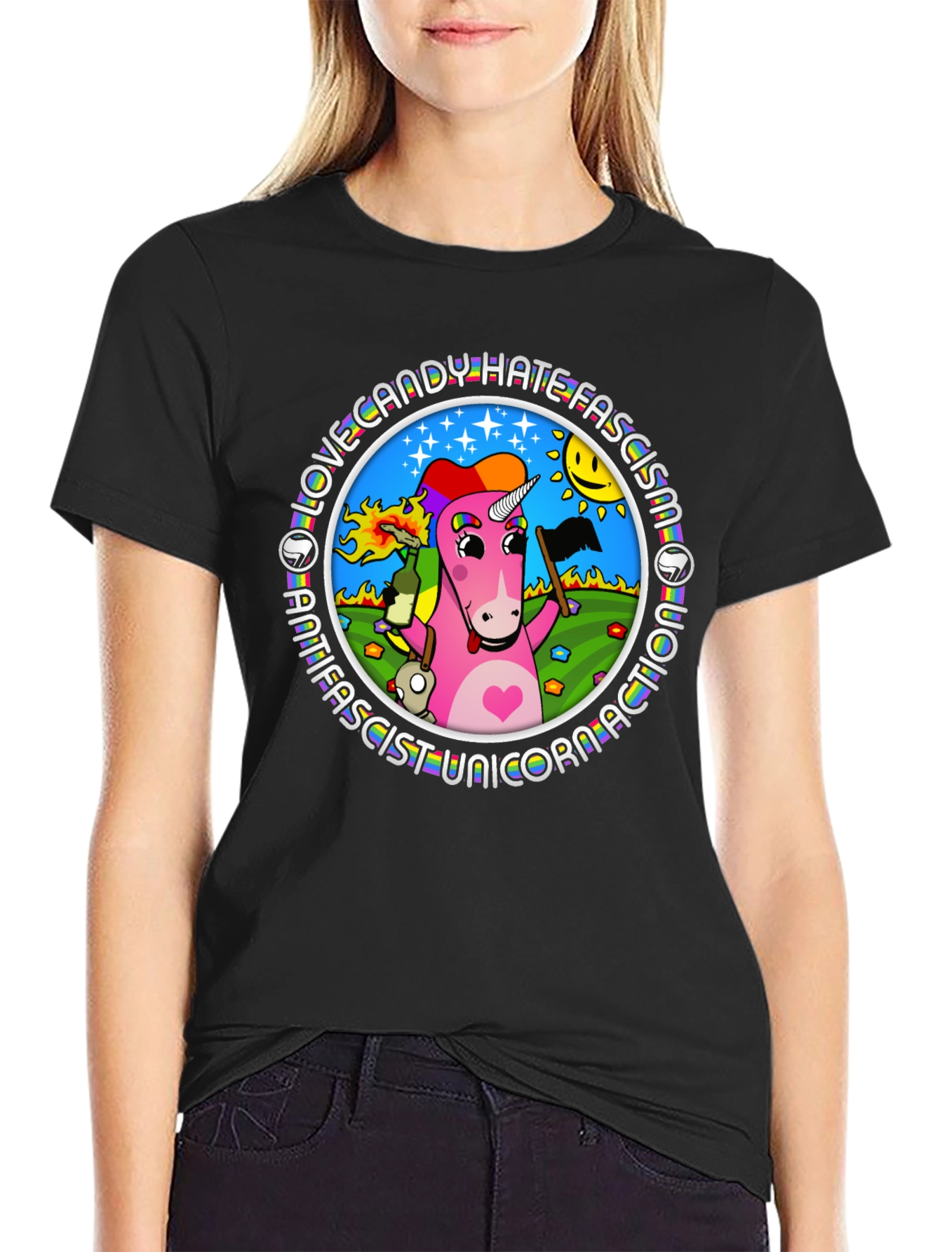 Black Antifascist Unicorn T-Shirt - Love Candy view 2