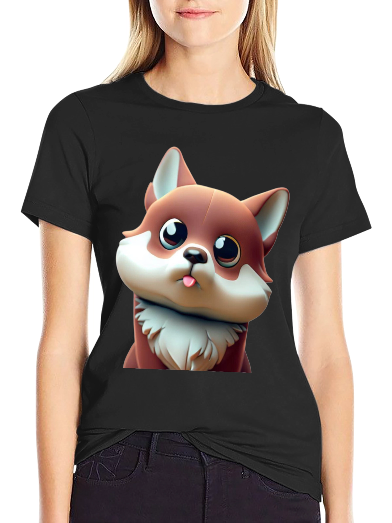 Black Cute Cartoon Fox Black T-Shirt view 2
