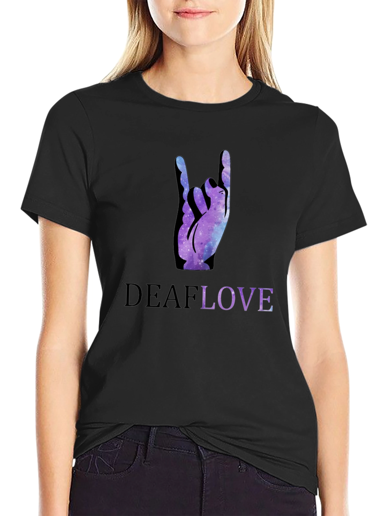 Black Deaf Love Galaxy Hand Sign Black T-Shirt view 2