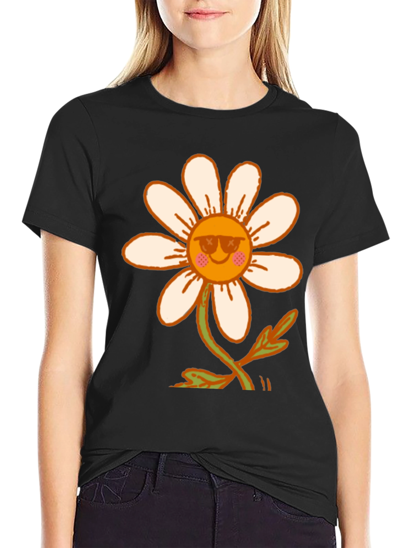 Black Retro Daisy Flower T-Shirt - Black view 2