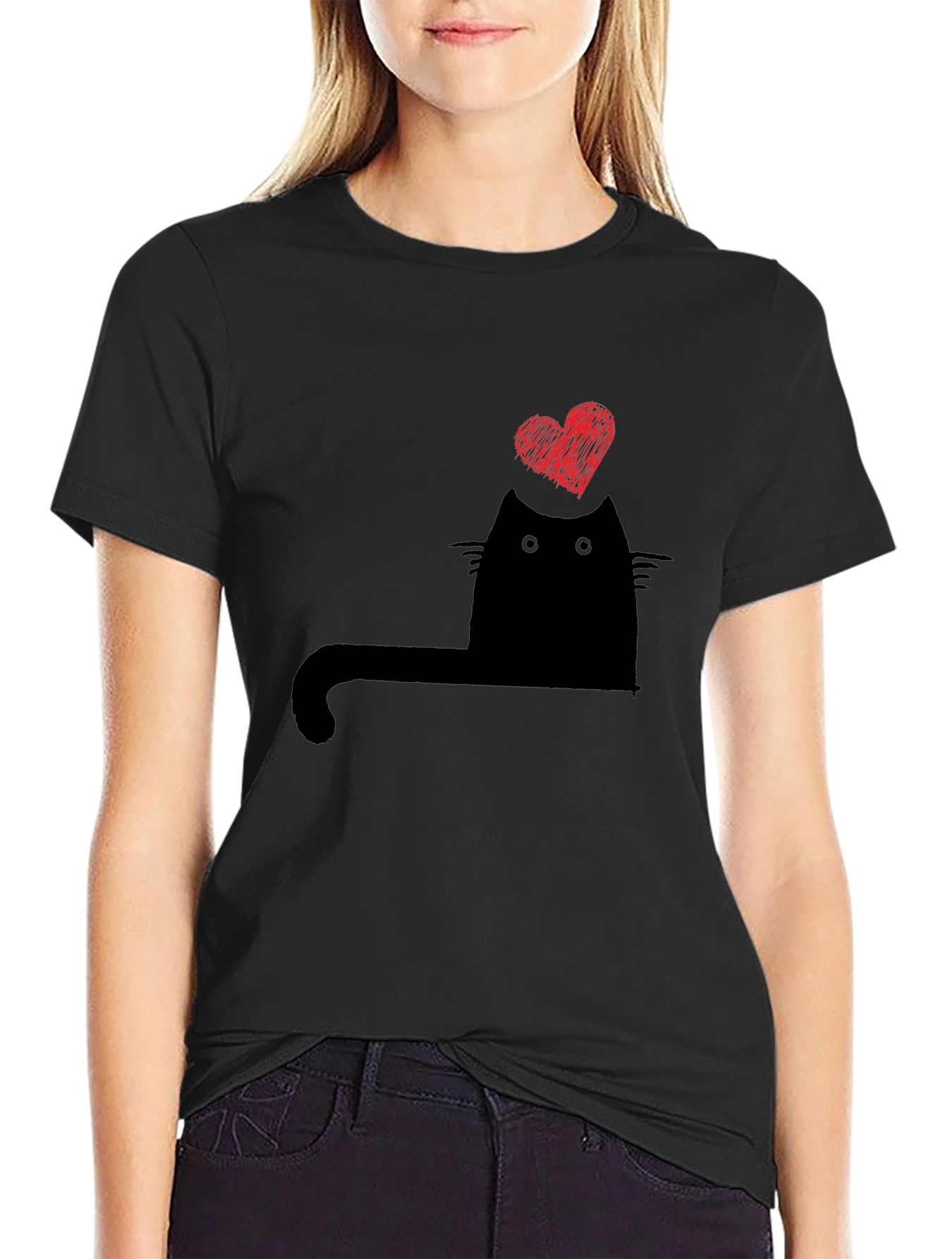 Black Cat Heart Graphic T-Shirt - Black view 2