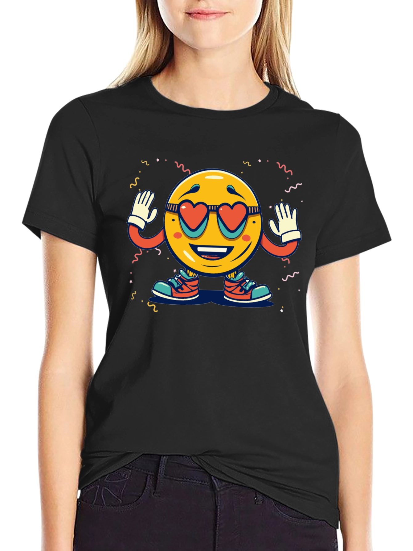 Black Retro Smiley Face Heart Sunglasses T-Shirt view 2