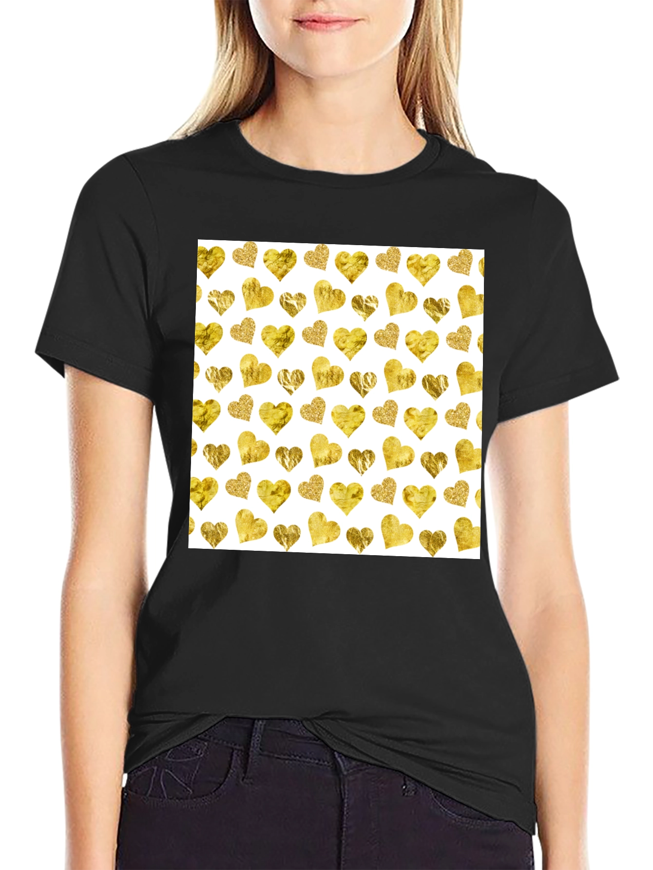 Black Gold Hearts Pattern Black Tee view 2