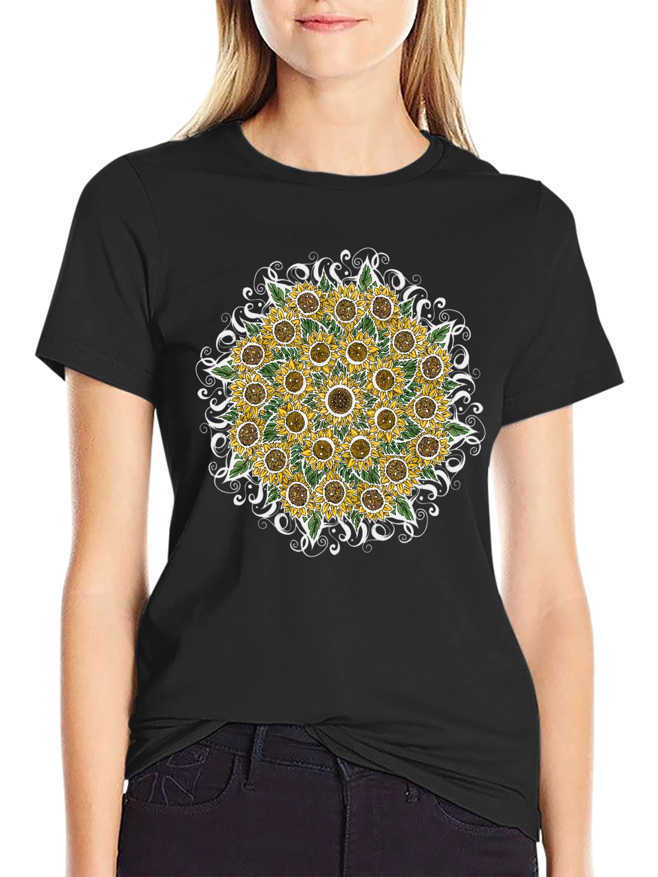 Black Sunflower Mandala Graphic Tee - Black view 2