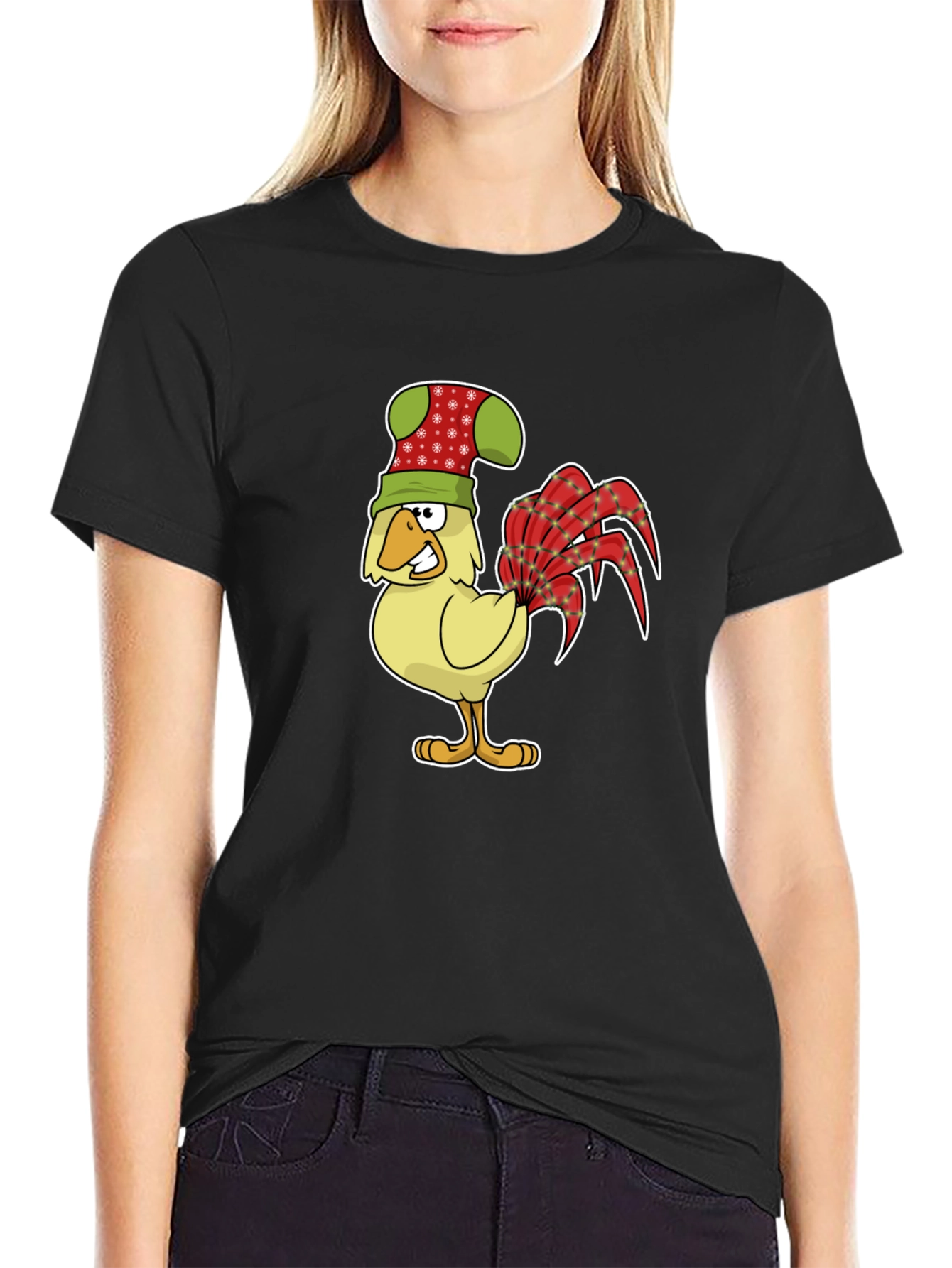 Black Festive Rooster Graphic Tee - Novelty Chicken Shirt view 2
